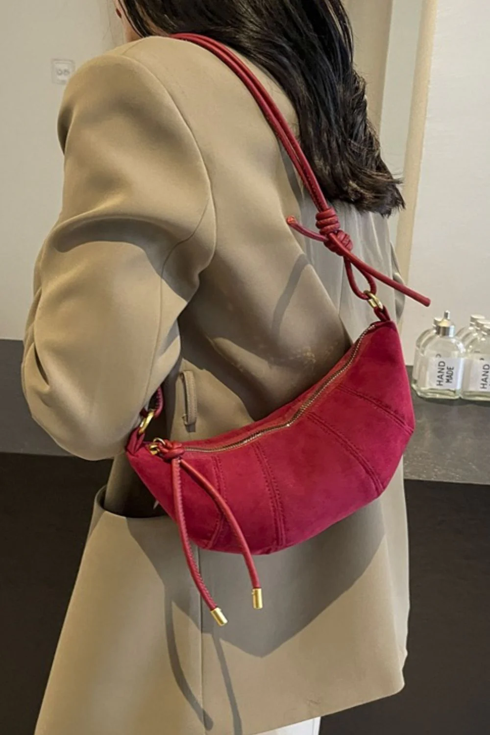 PU Leather Strap Suede Shoulder Bag - Image 9