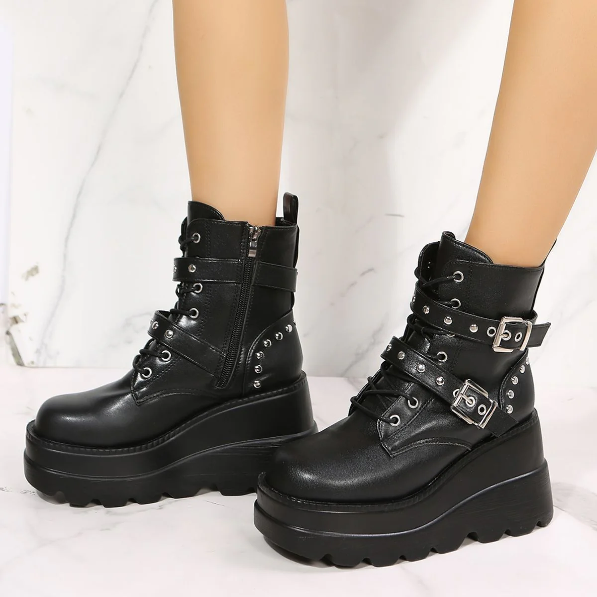 PU Leather Wedge Boots with Side Zip - Image 2