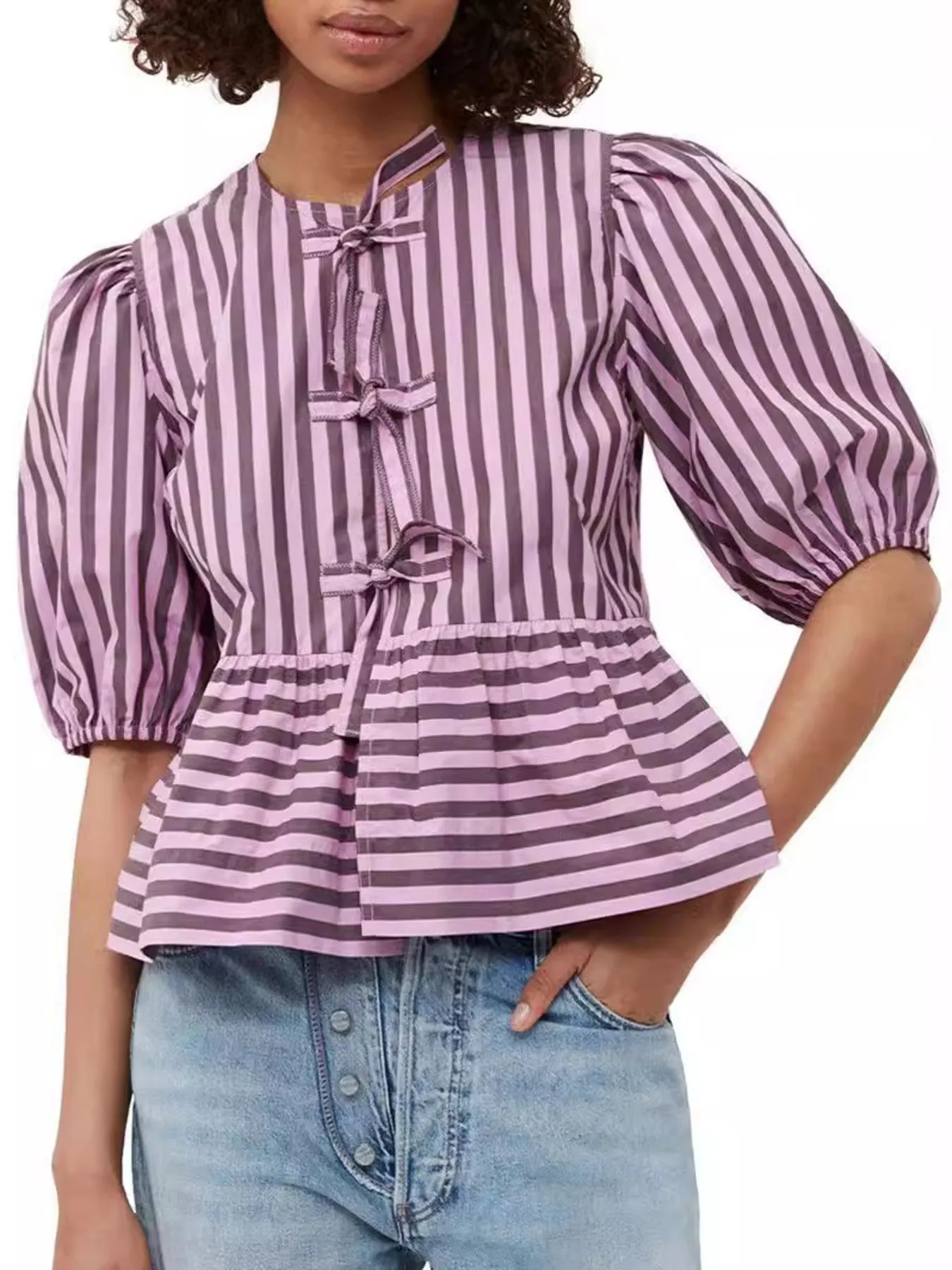 Puff Sleeve Bow Tie Blouse - Image 13