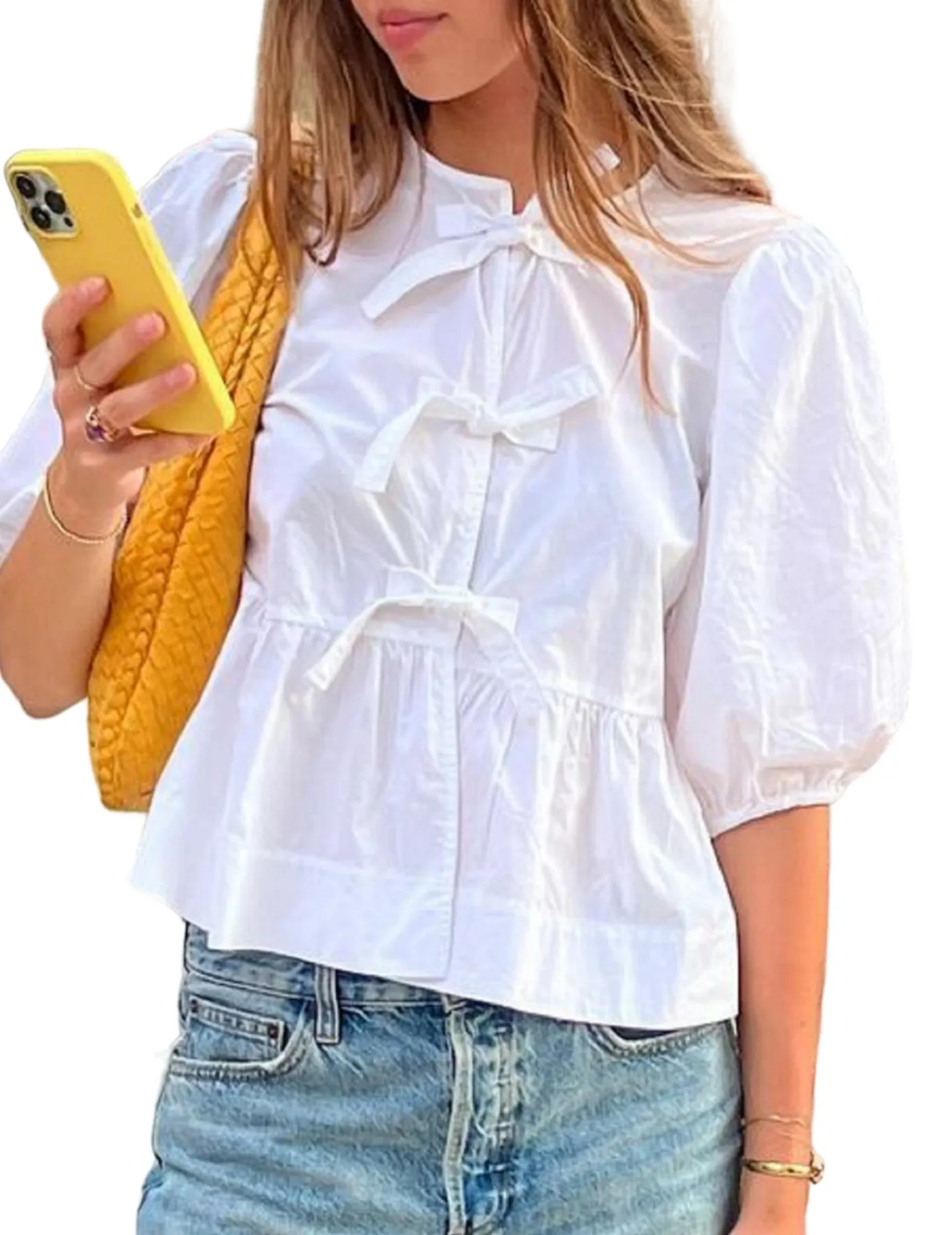 Puff Sleeve Bow Tie Blouse - Image 2