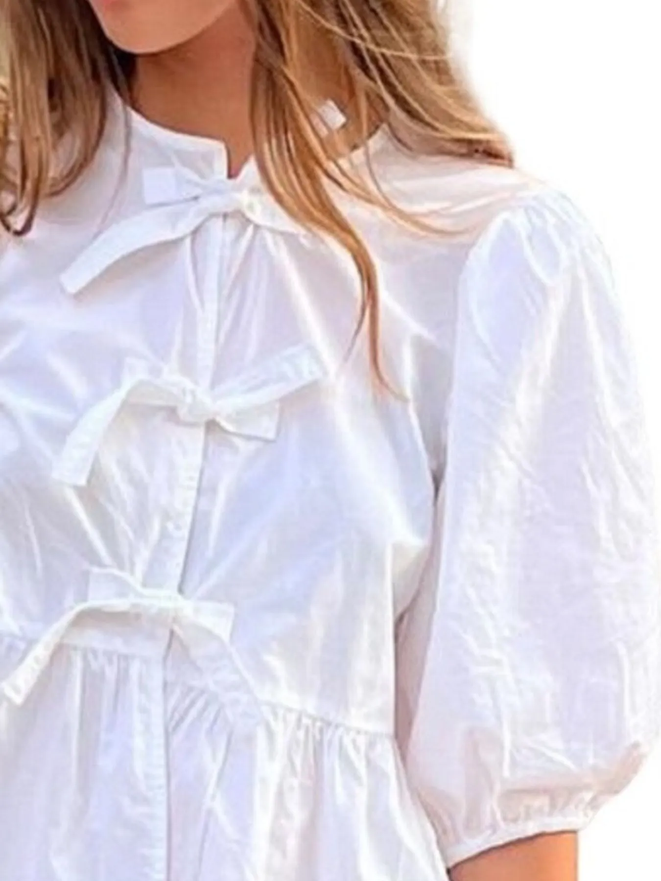 Puff Sleeve Bow Tie Blouse - Image 3