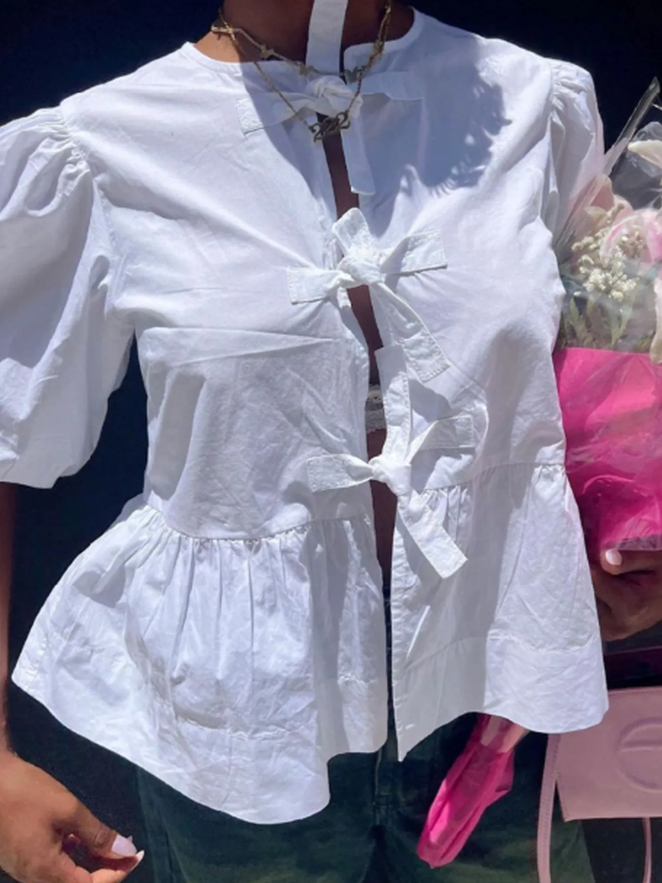 Puff Sleeve Bow Tie Blouse - Image 4