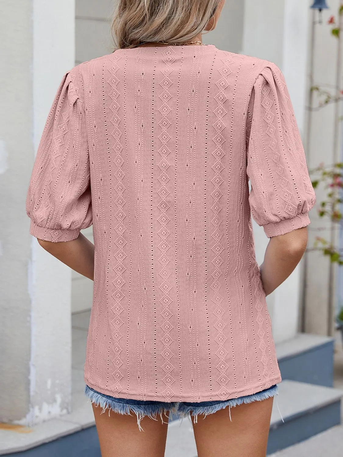 Puff Sleeve V-Neck Eyelet Lace T-Shirt - Image 11