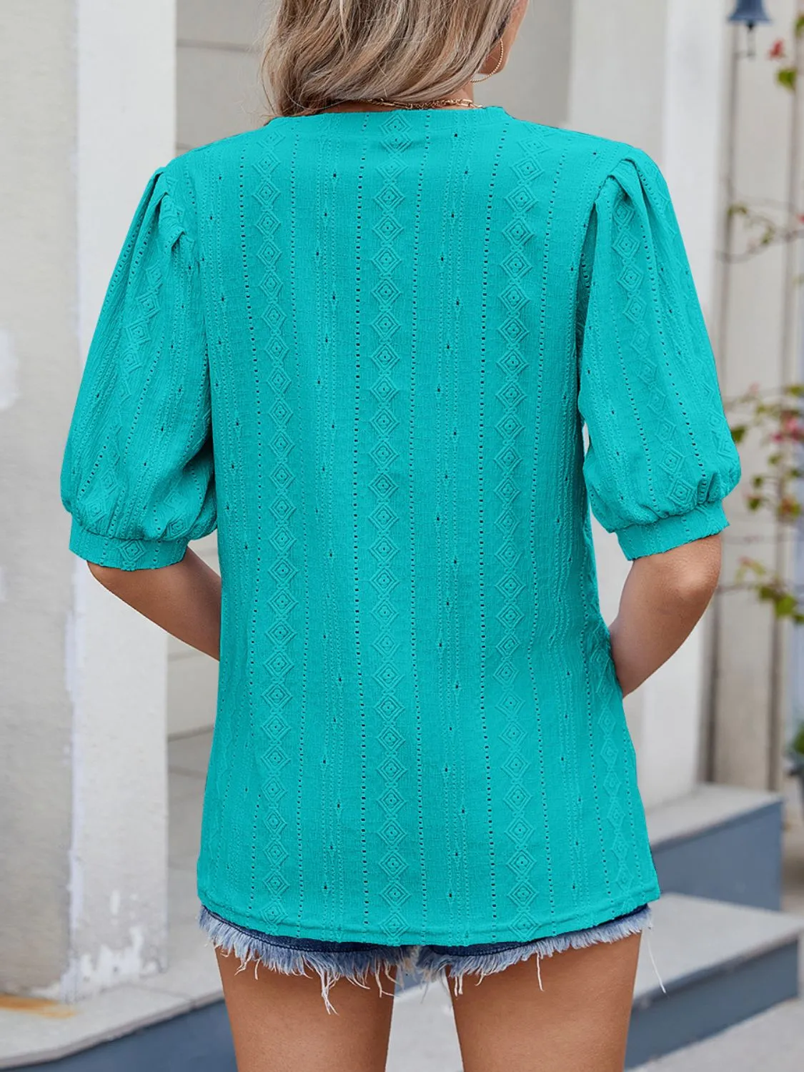 Puff Sleeve V-Neck Eyelet Lace T-Shirt - Image 15