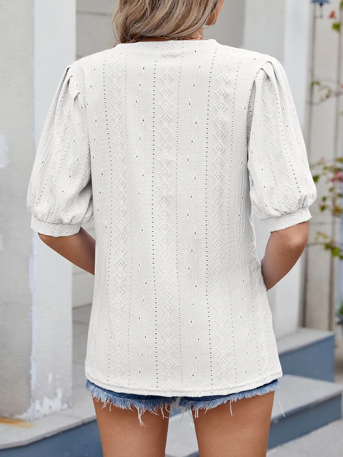 Puff Sleeve V-Neck Eyelet Lace T-Shirt - Image 19