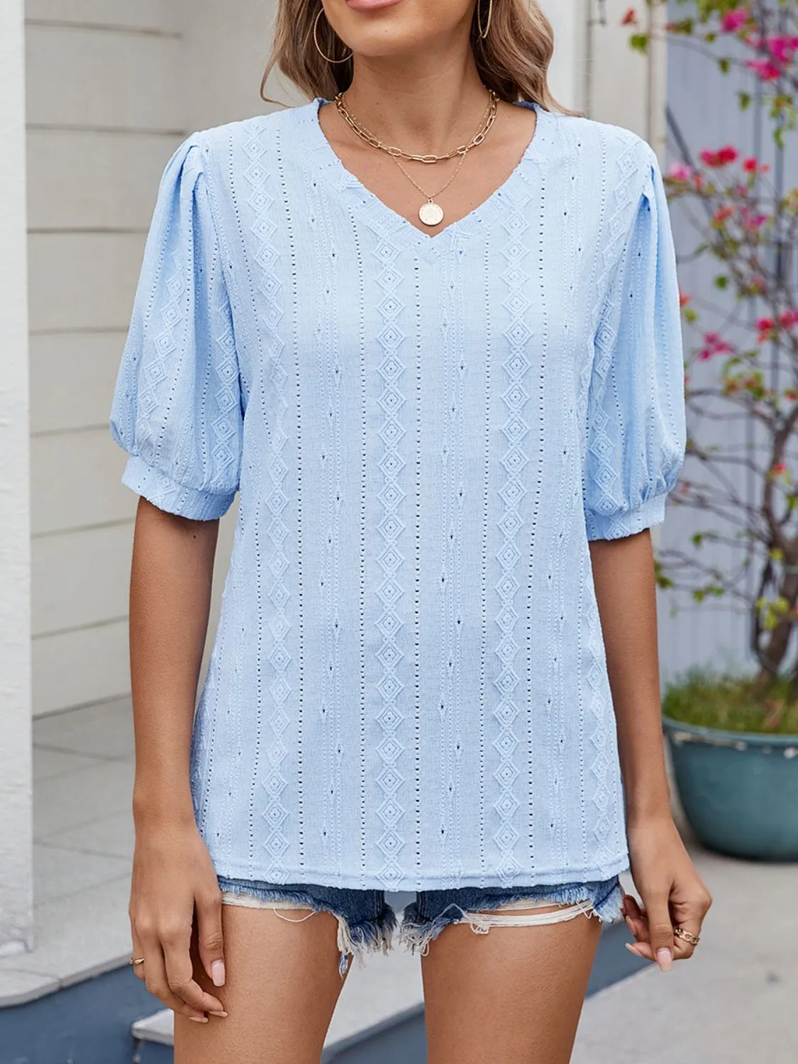 Puff Sleeve V-Neck Eyelet Lace T-Shirt - Image 2