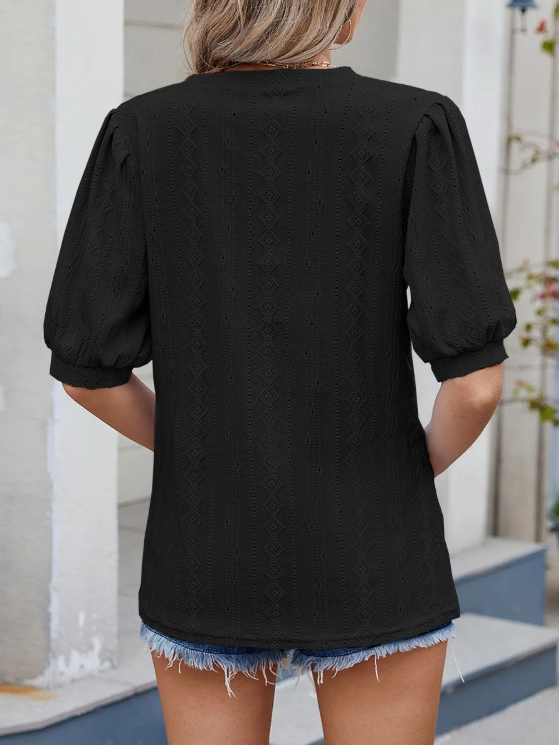 Puff Sleeve V-Neck Eyelet Lace T-Shirt - Image 22