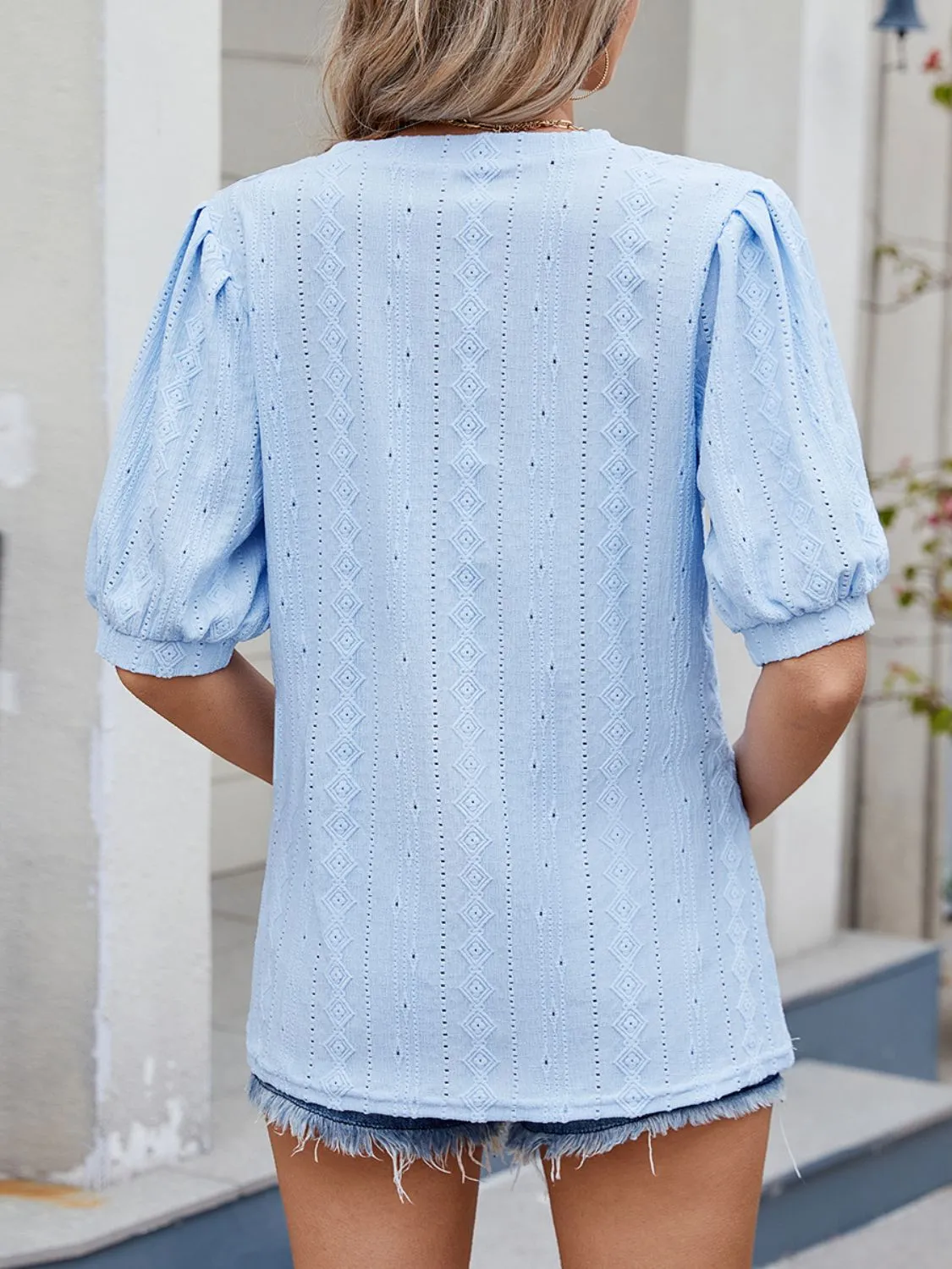 Puff Sleeve V-Neck Eyelet Lace T-Shirt - Image 5
