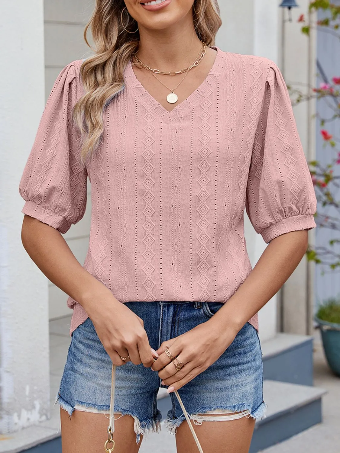 Puff Sleeve V-Neck Eyelet Lace T-Shirt - Image 6