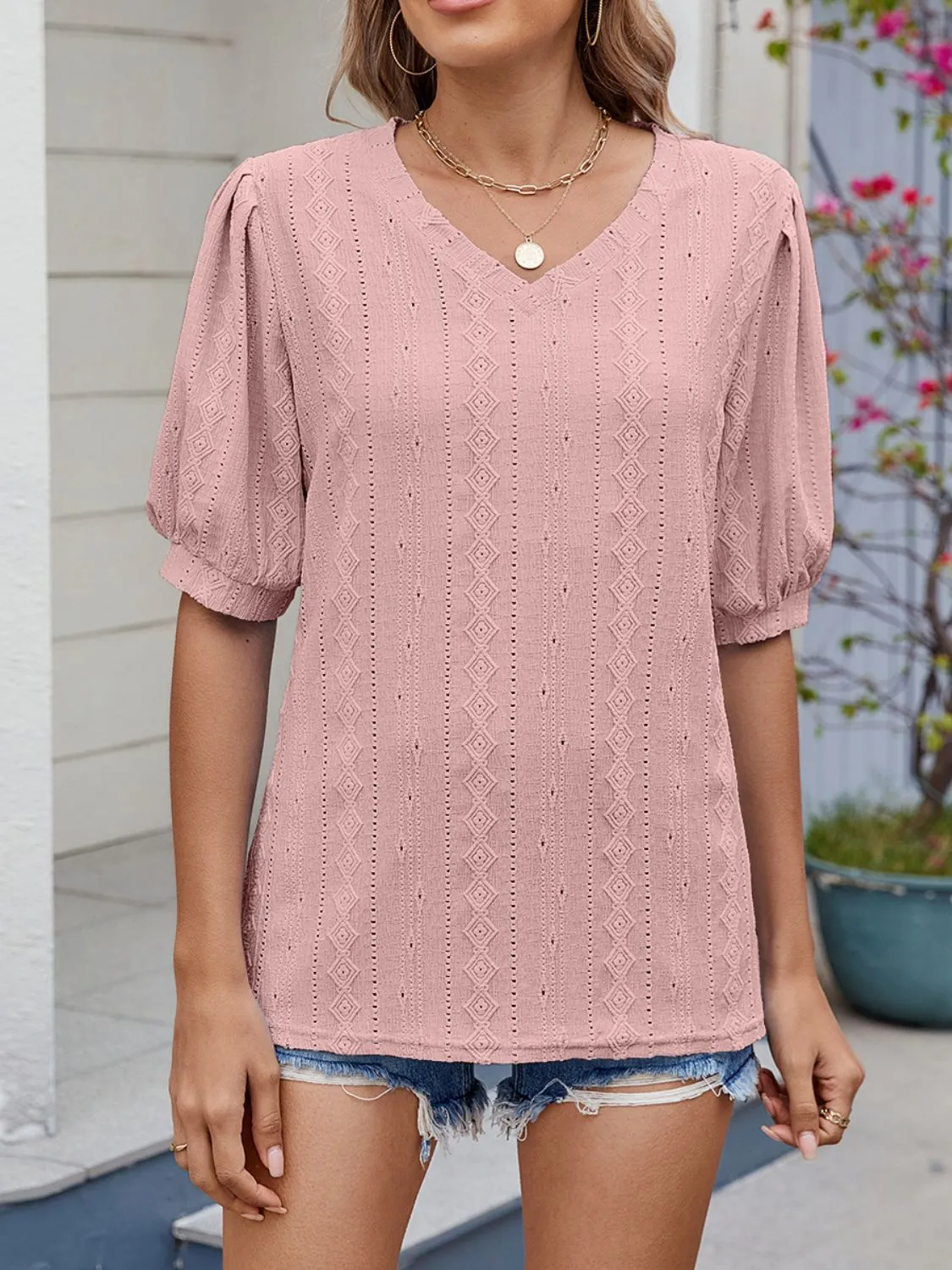 Puff Sleeve V-Neck Eyelet Lace T-Shirt - Image 7