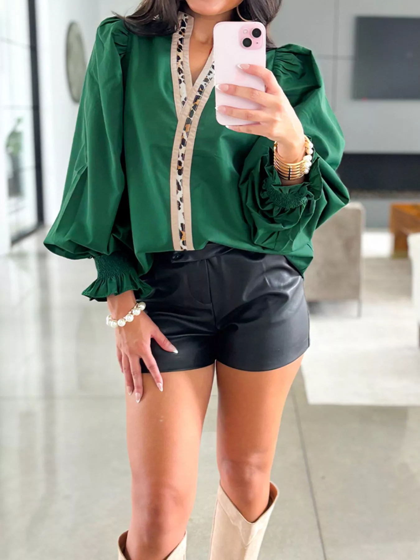 Puffy Flounce Sleeve Leopard Trim V Neck Blouse - Image 2