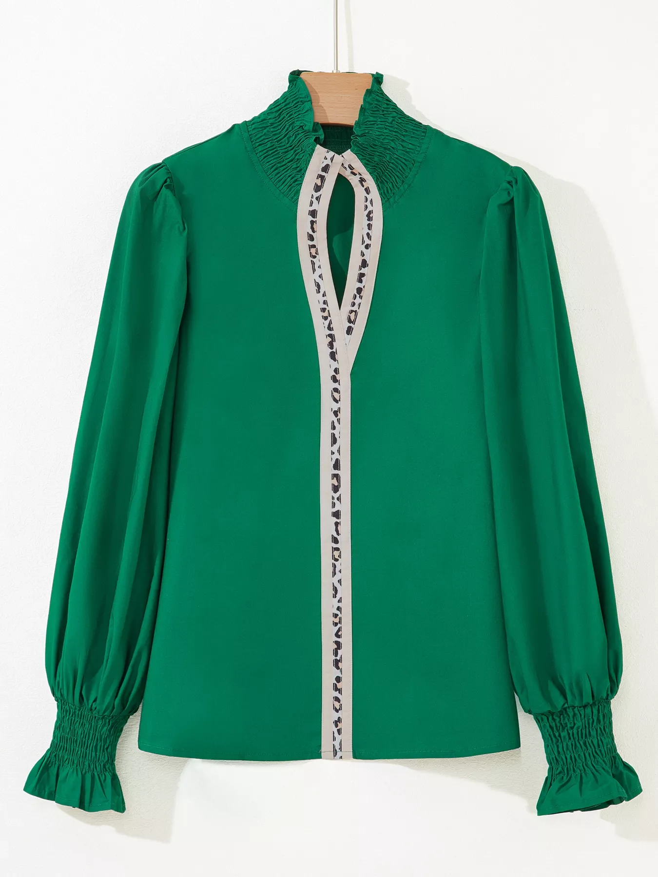 Puffy Flounce Sleeve Leopard Trim V Neck Blouse - Image 3
