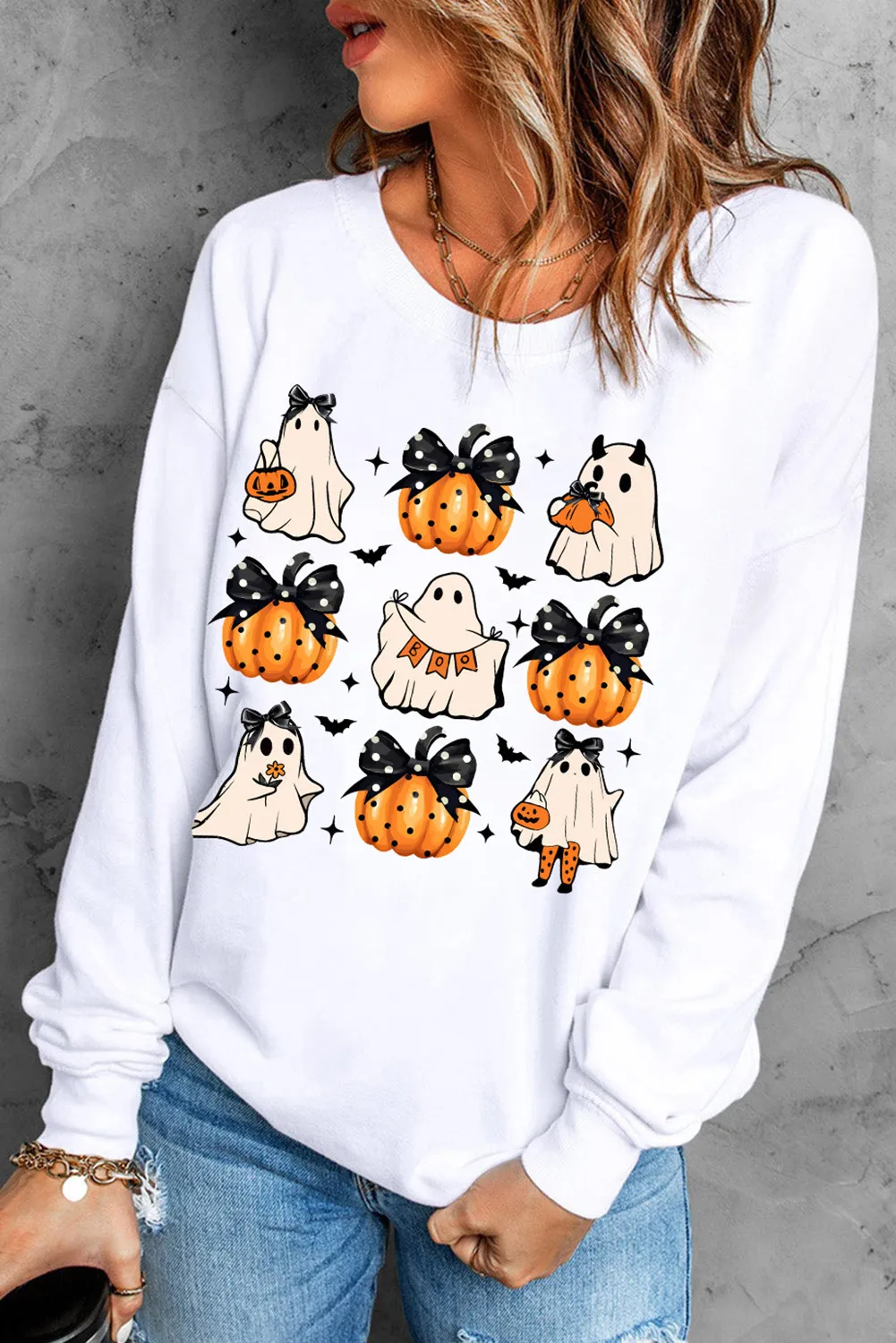Pumpkin & Ghost Round Neck Long Sleeve Sweatshirt - Image 2