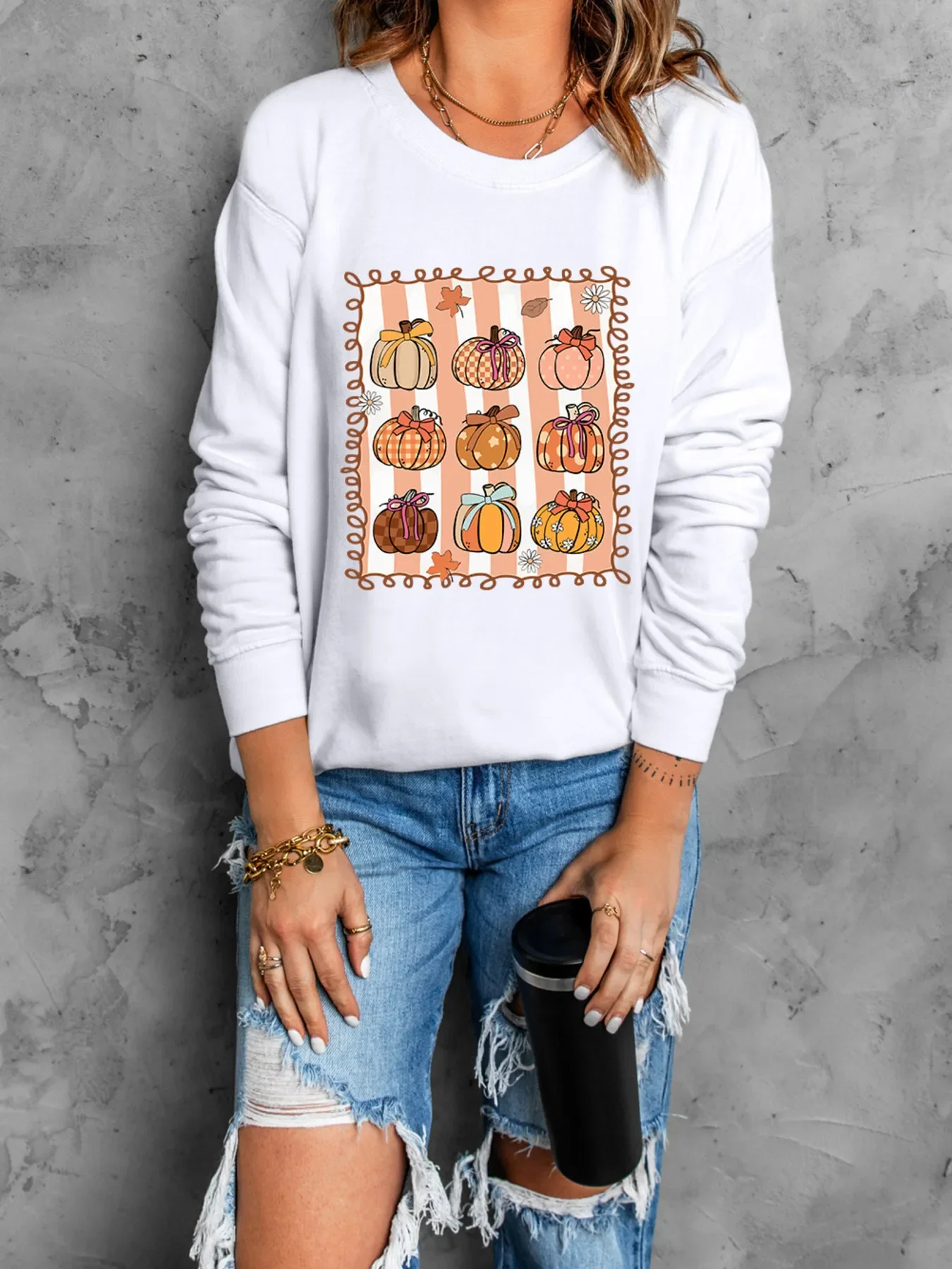 Pumpkin Graphic Round Neck Sweatshirt - Image 3