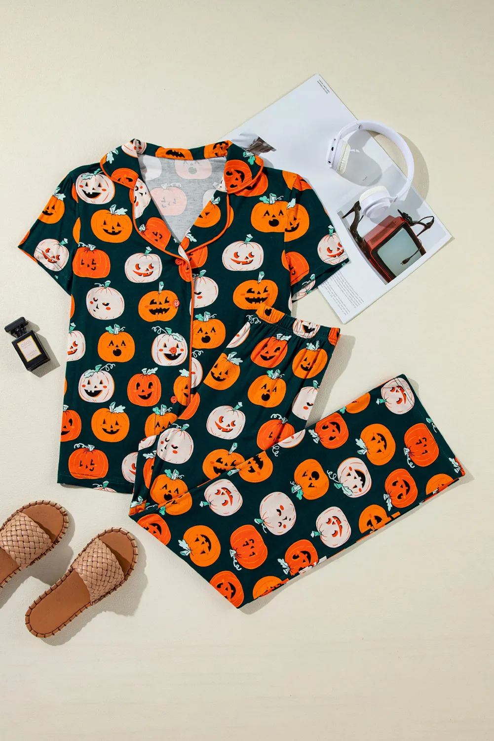 Pumpkin Printed Short Sleeve Top and Pants Lounge Set - Image 6