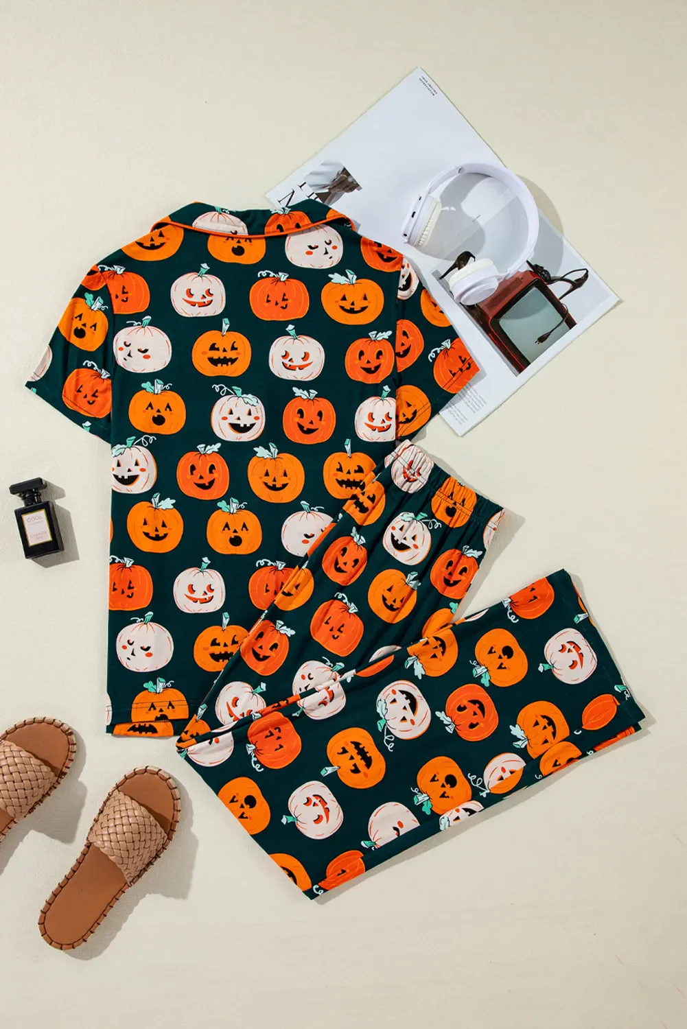 Pumpkin Printed Short Sleeve Top and Pants Lounge Set - Image 7