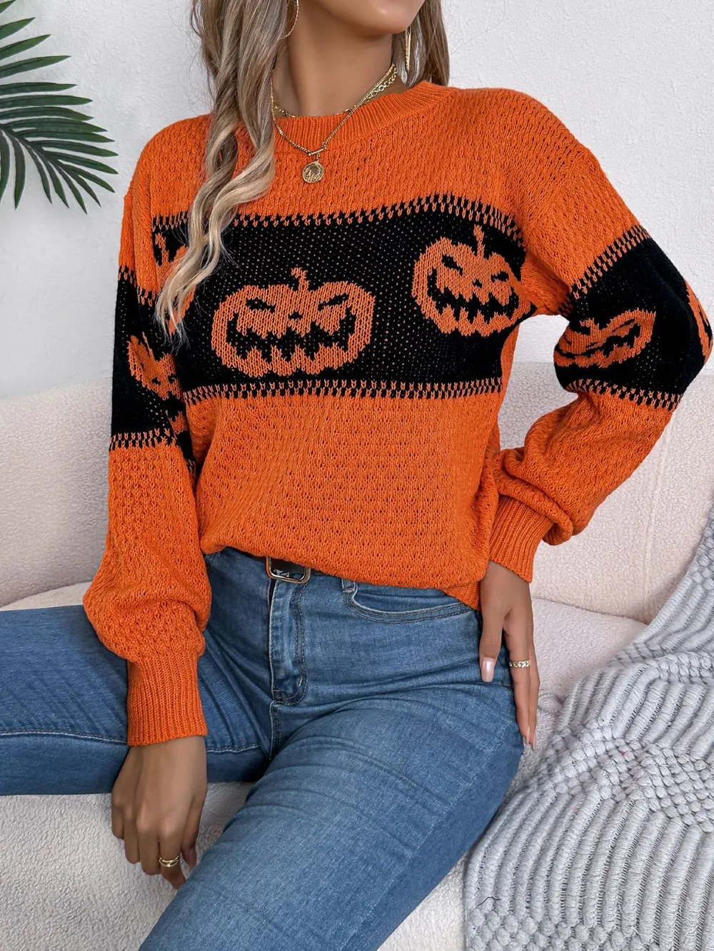 Pumpkin Round Neck Long Sleeve Sweater - Image 6