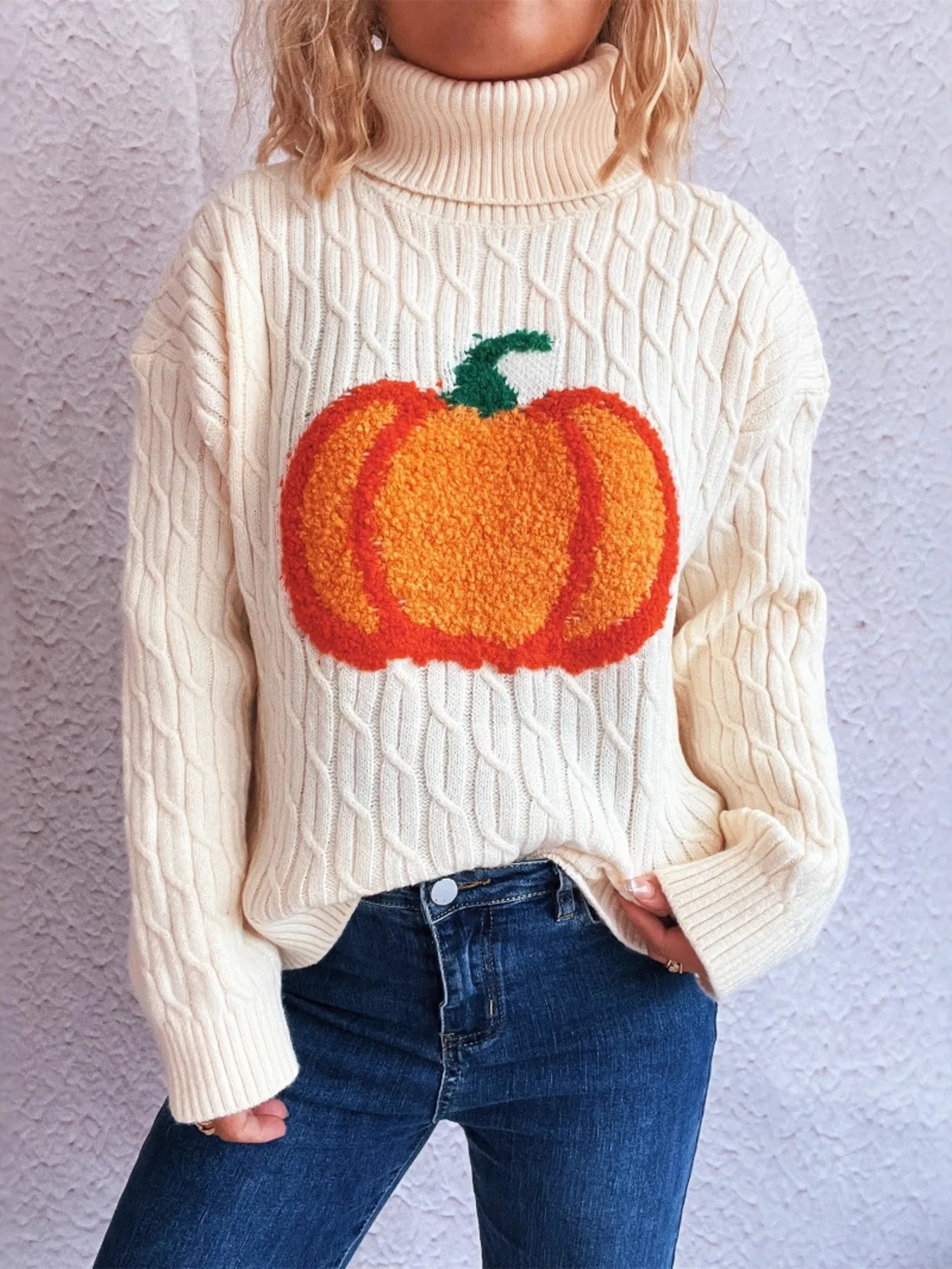 Pumpkin Turtleneck Long Sleeve Sweater - Image 2