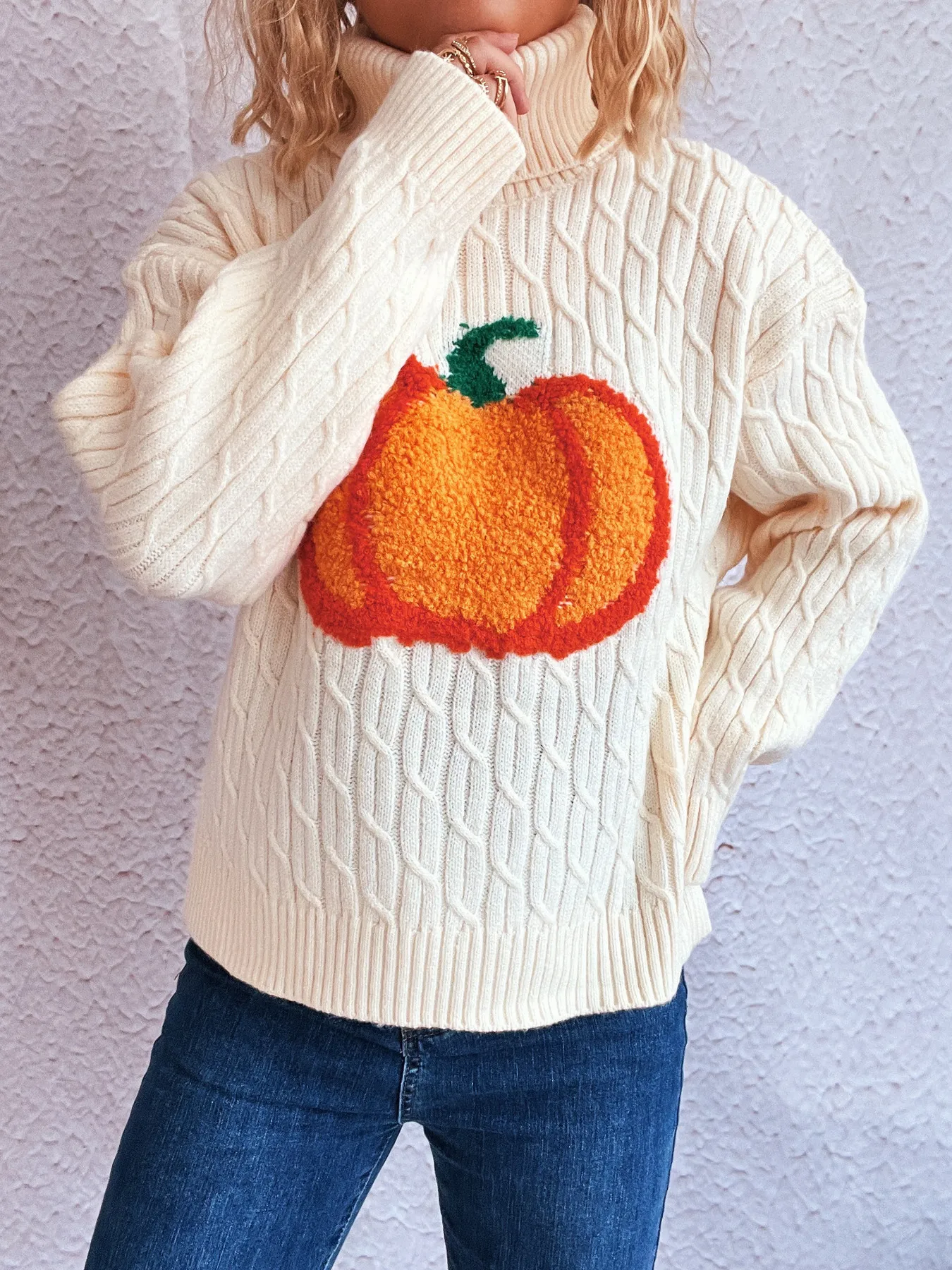 Pumpkin Turtleneck Long Sleeve Sweater - Image 3