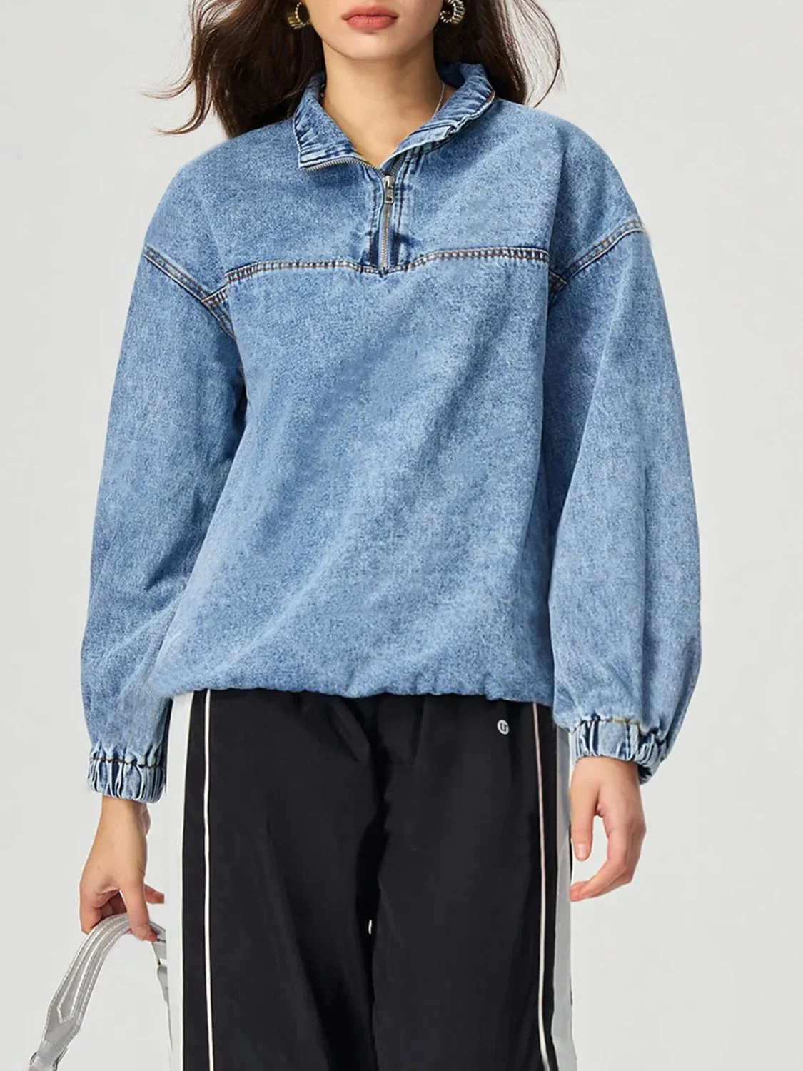 Quarter Zip Collared Neck Denim Top - Image 3