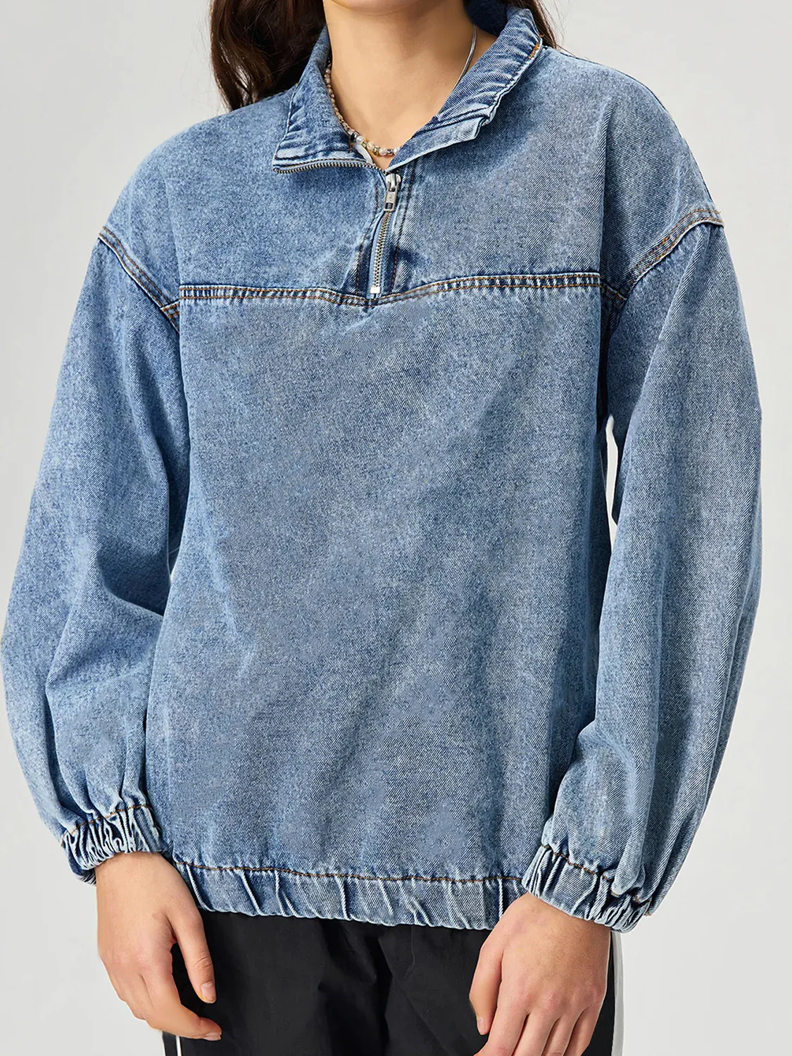 Quarter Zip Collared Neck Denim Top - Image 4