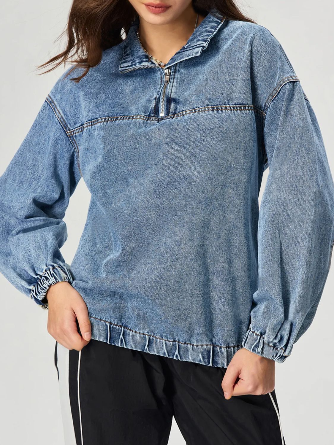 Quarter Zip Collared Neck Denim Top - Image 5