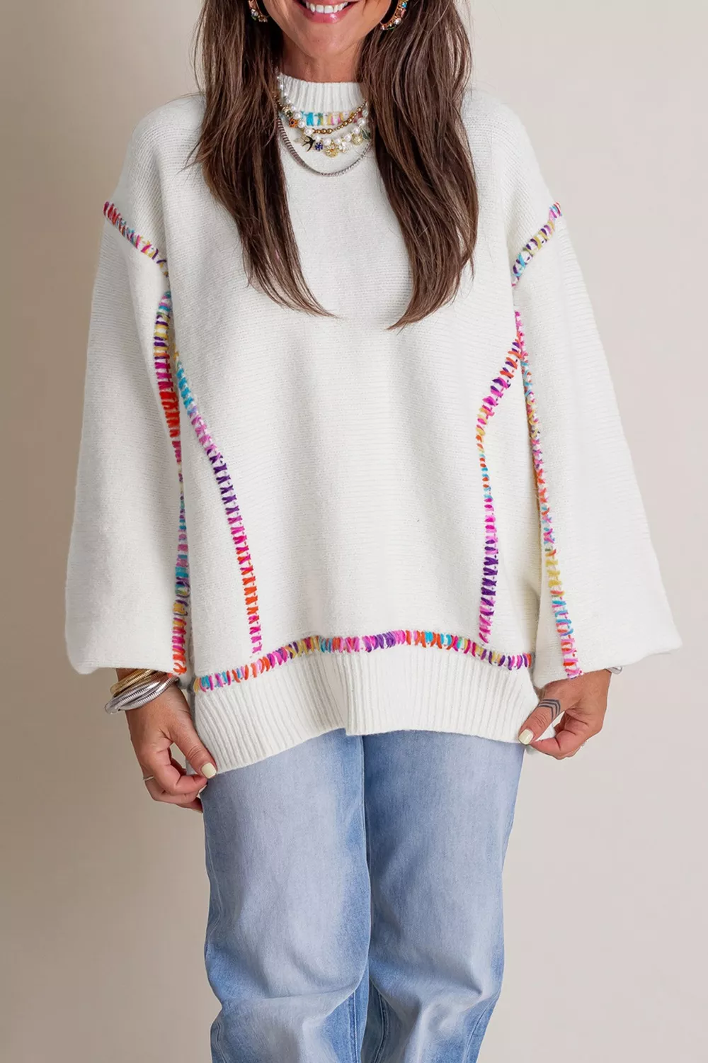 Rainbow Stitching Long Sleeve Relaxed Sweater
