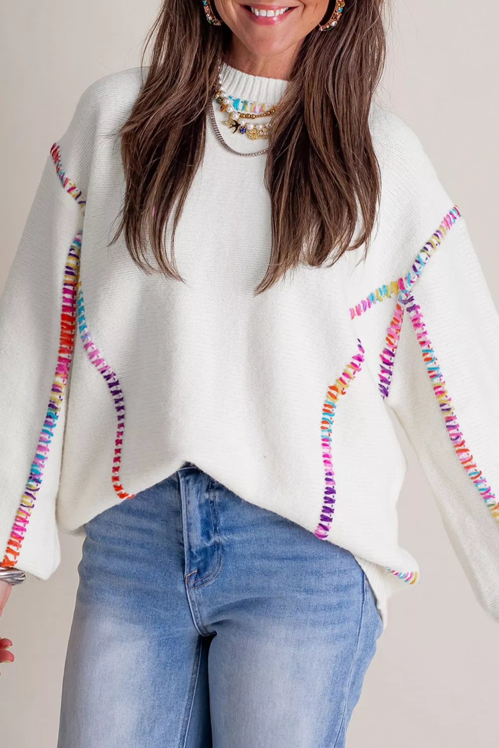 Rainbow Stitching Long Sleeve Relaxed Sweater - Image 2