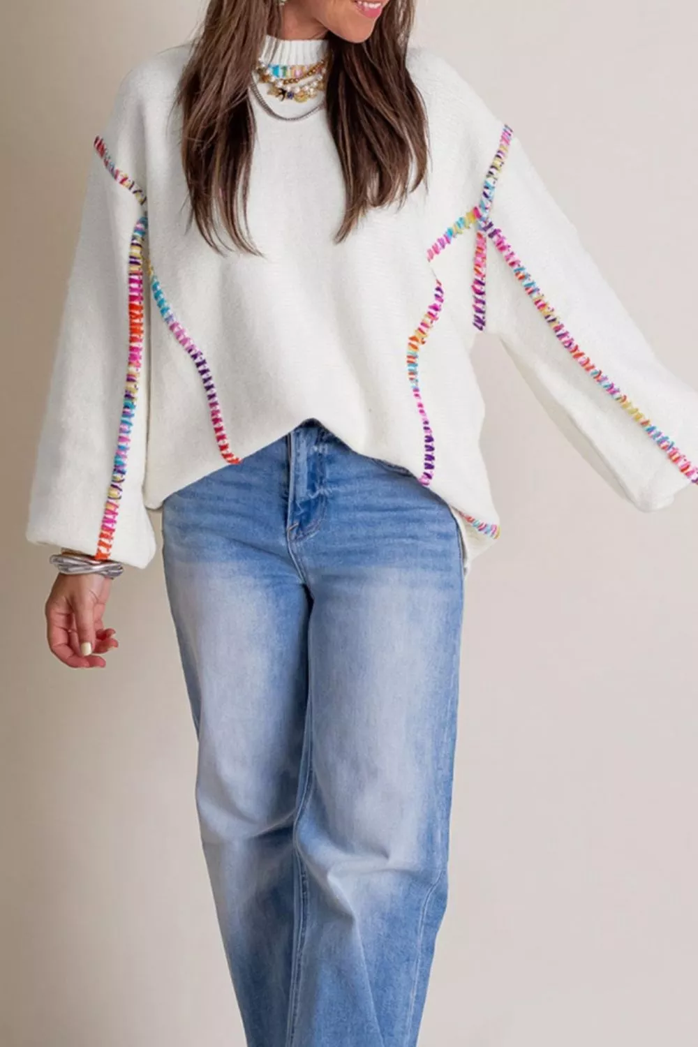 Rainbow Stitching Long Sleeve Relaxed Sweater - Image 3