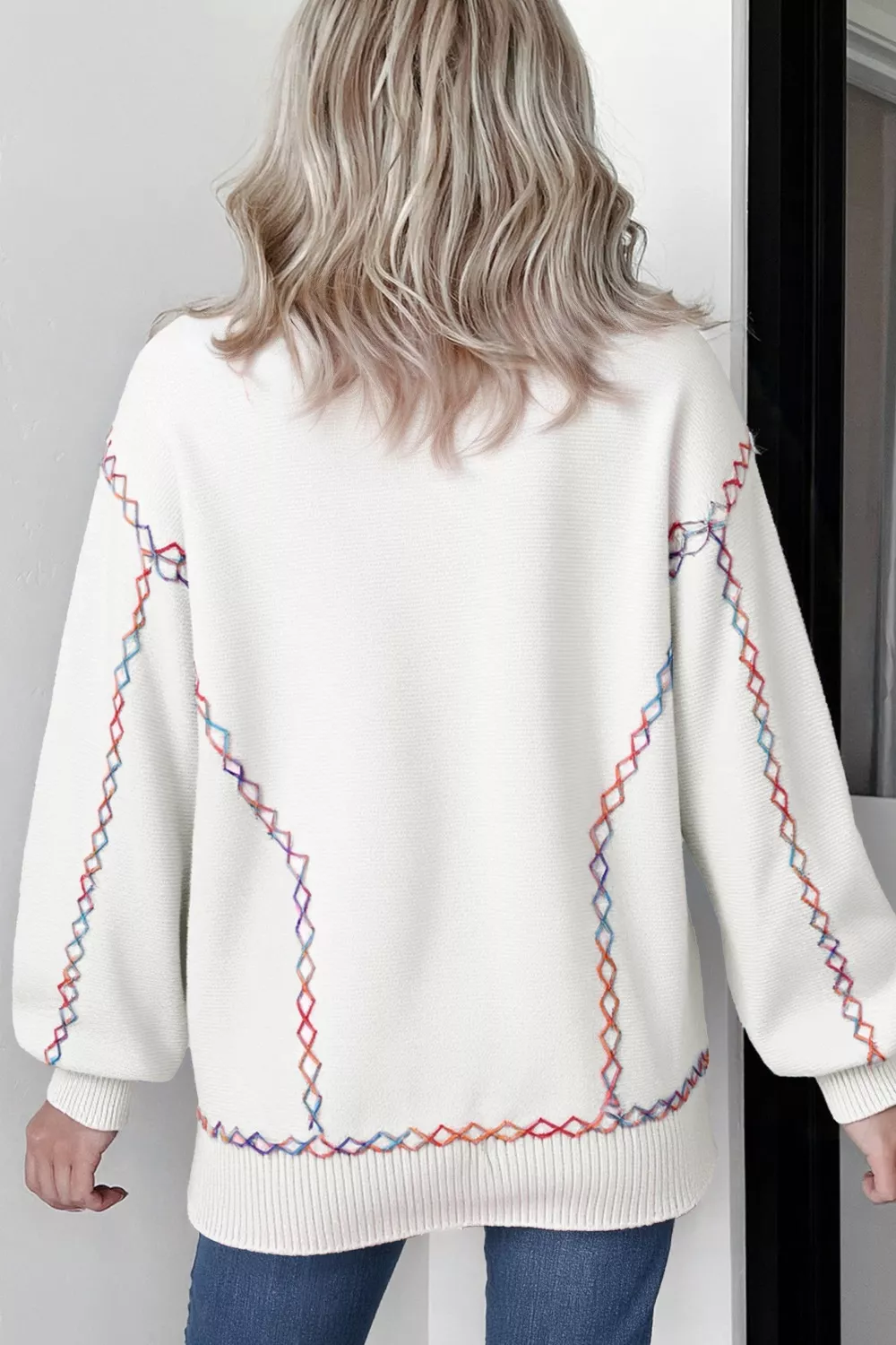 Rainbow Stitching Long Sleeve Relaxed Sweater - Image 5