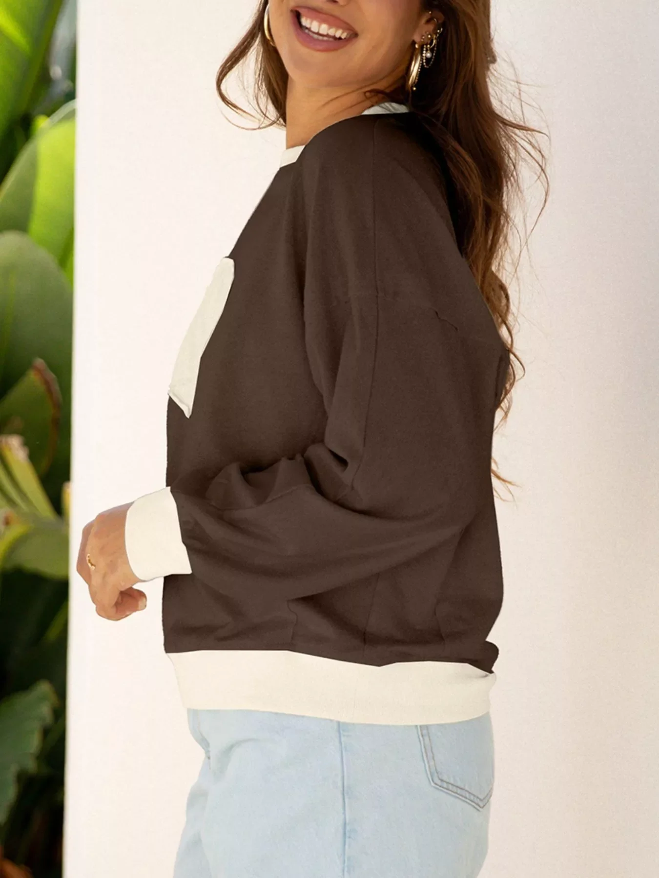 Raw Edge Flower Patch Drop Shoulder Casual Top - Image 16