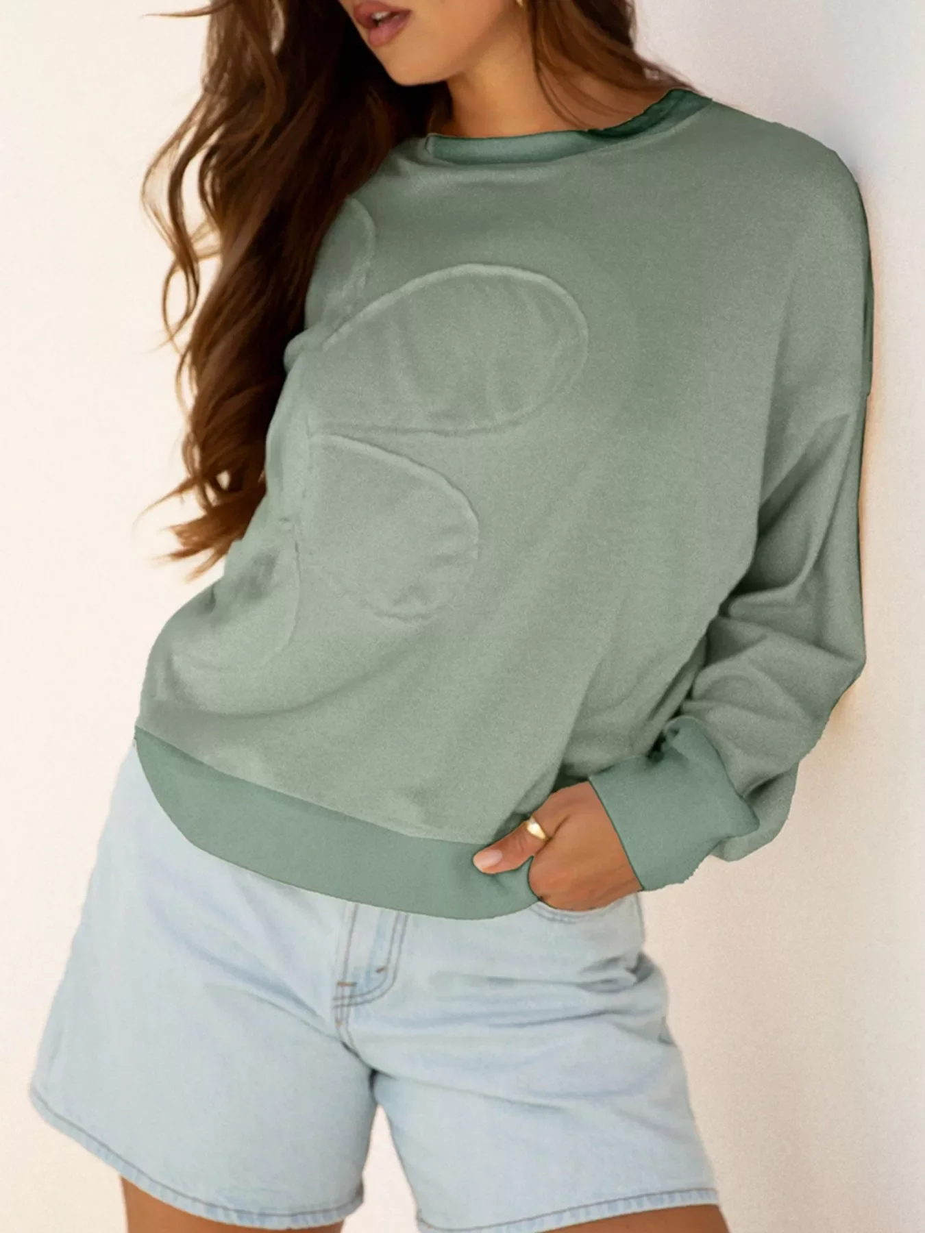 Raw Edge Flower Patch Drop Shoulder Casual Top - Image 17