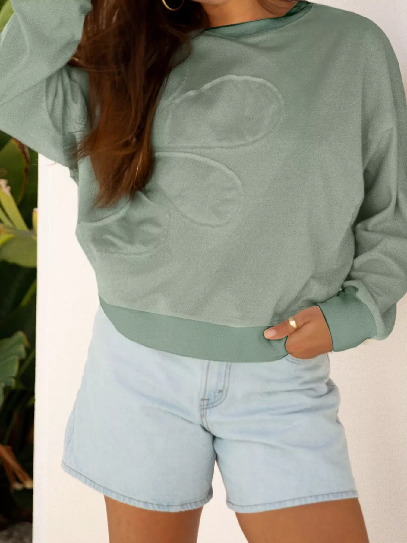 Raw Edge Flower Patch Drop Shoulder Casual Top - Image 18