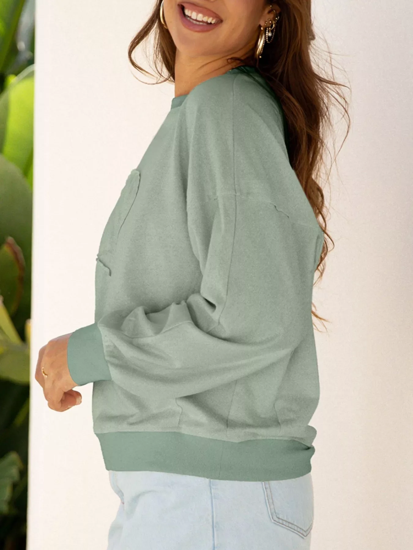 Raw Edge Flower Patch Drop Shoulder Casual Top - Image 21