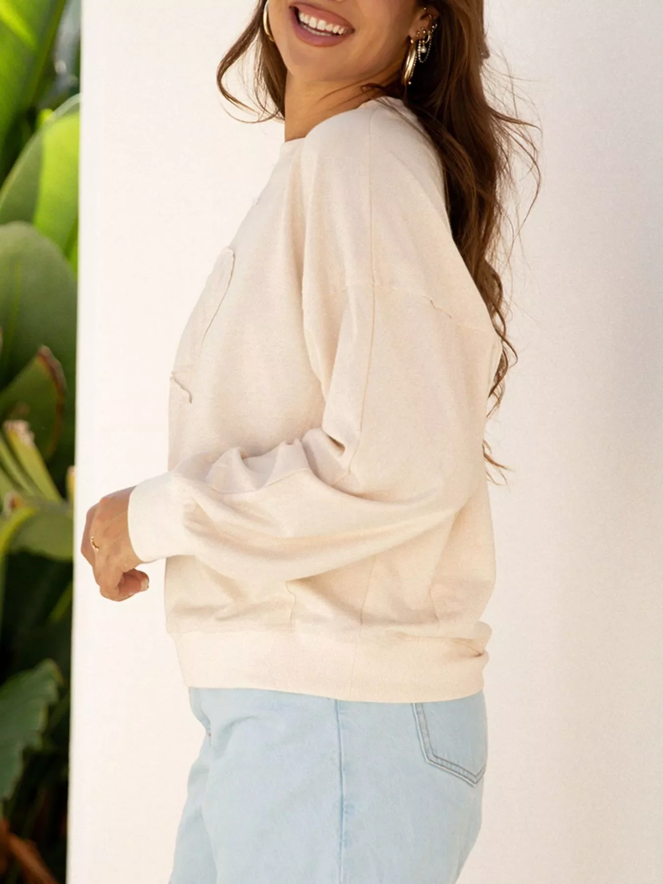 Raw Edge Flower Patch Drop Shoulder Casual Top - Image 3