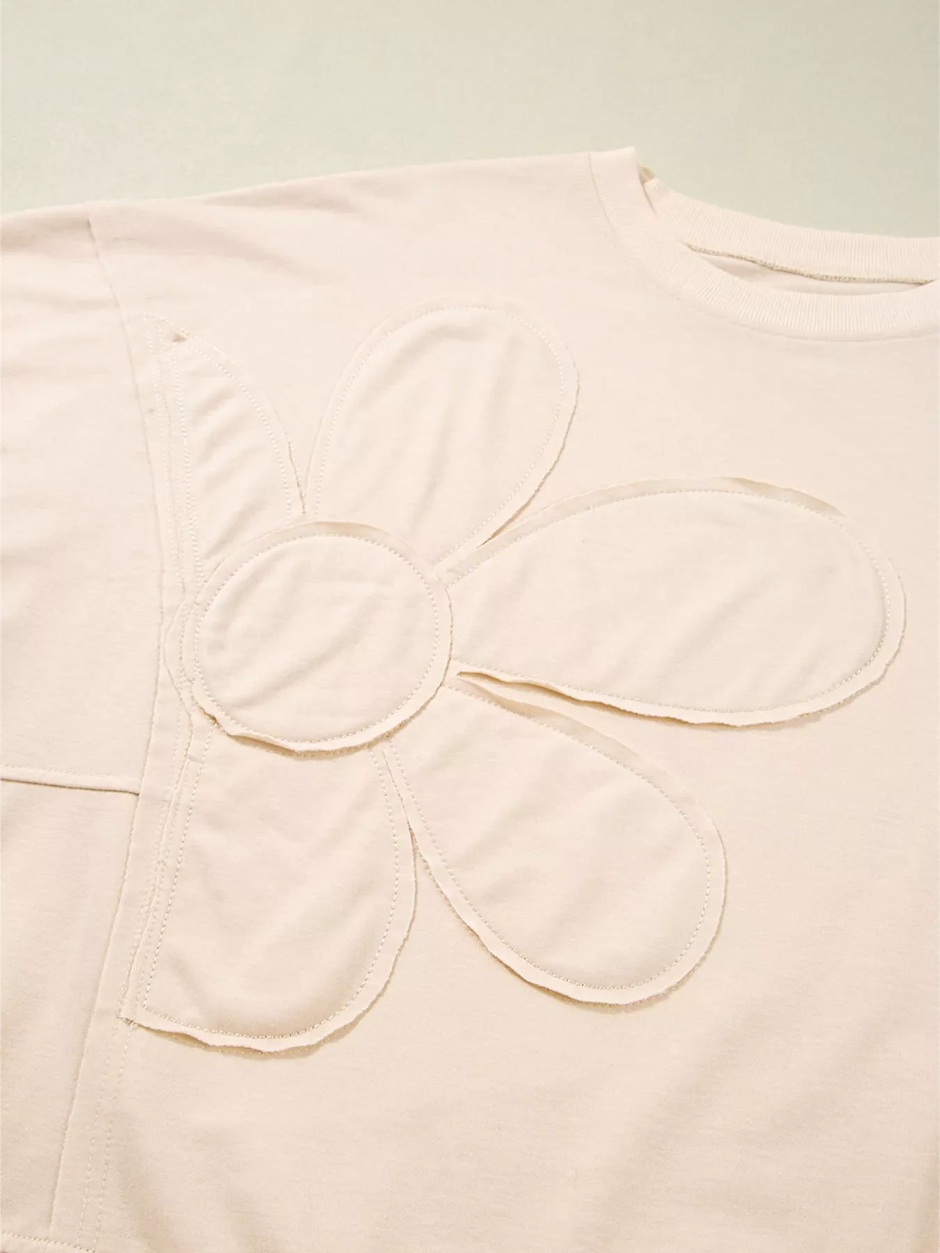 Raw Edge Flower Patch Drop Shoulder Casual Top - Image 9