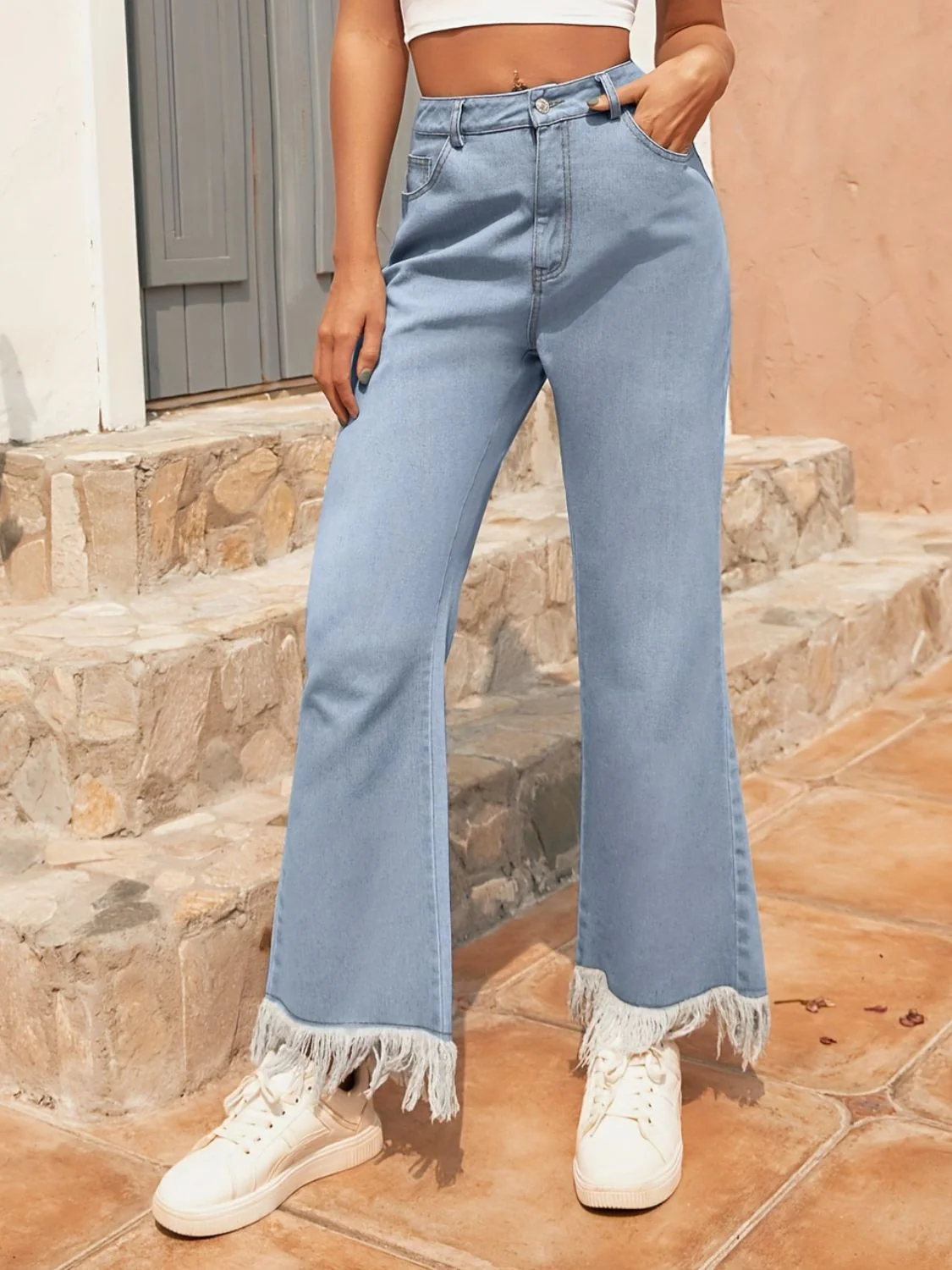 Raw Hem Bootcut Jeans with Pockets - Image 3