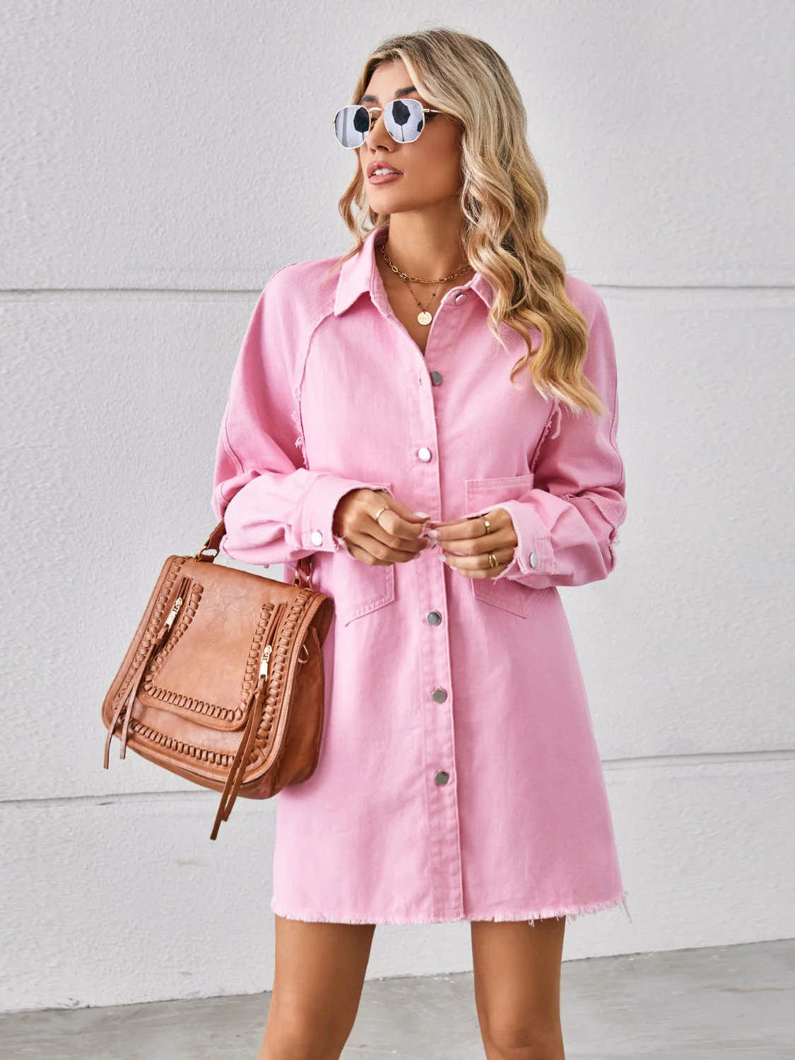Raw Hem Button Up Denim Dress - Image 7