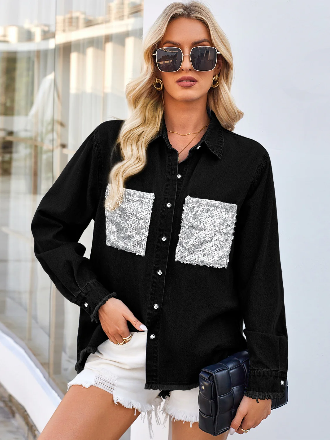 Raw Hem Button Up Long Sleeve Denim Jacket with Sequin Pockets - Image 3