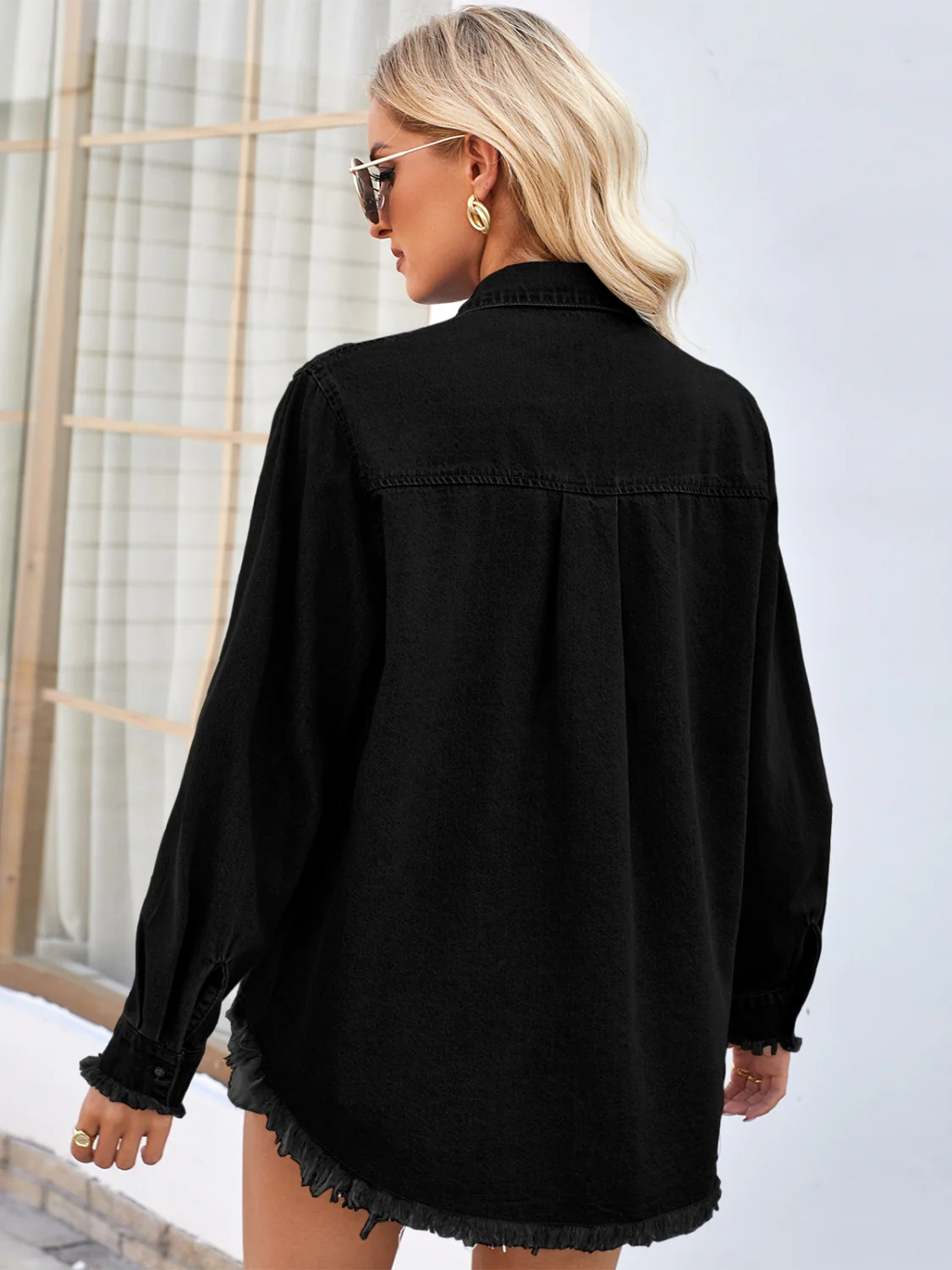 Raw Hem Button Up Long Sleeve Denim Jacket with Sequin Pockets - Image 4