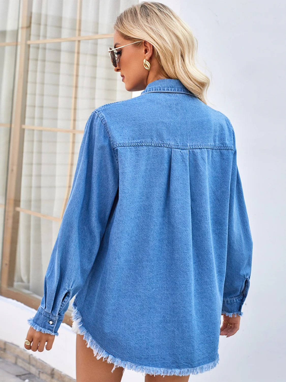 Raw Hem Button Up Long Sleeve Denim Jacket with Sequin Pockets - Image 6
