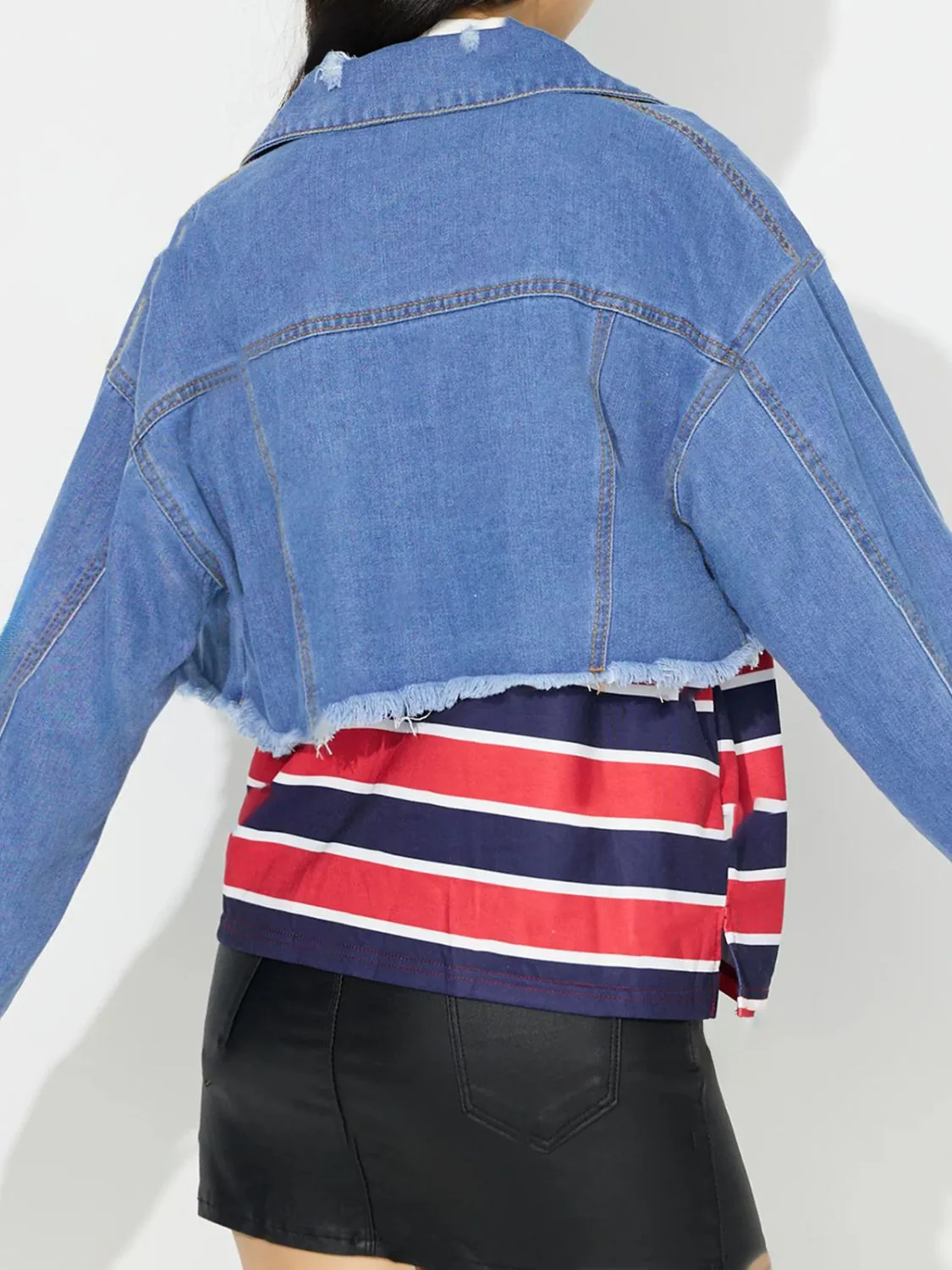 Raw Hem Collared Neck Cropped Denim Top - Image 2