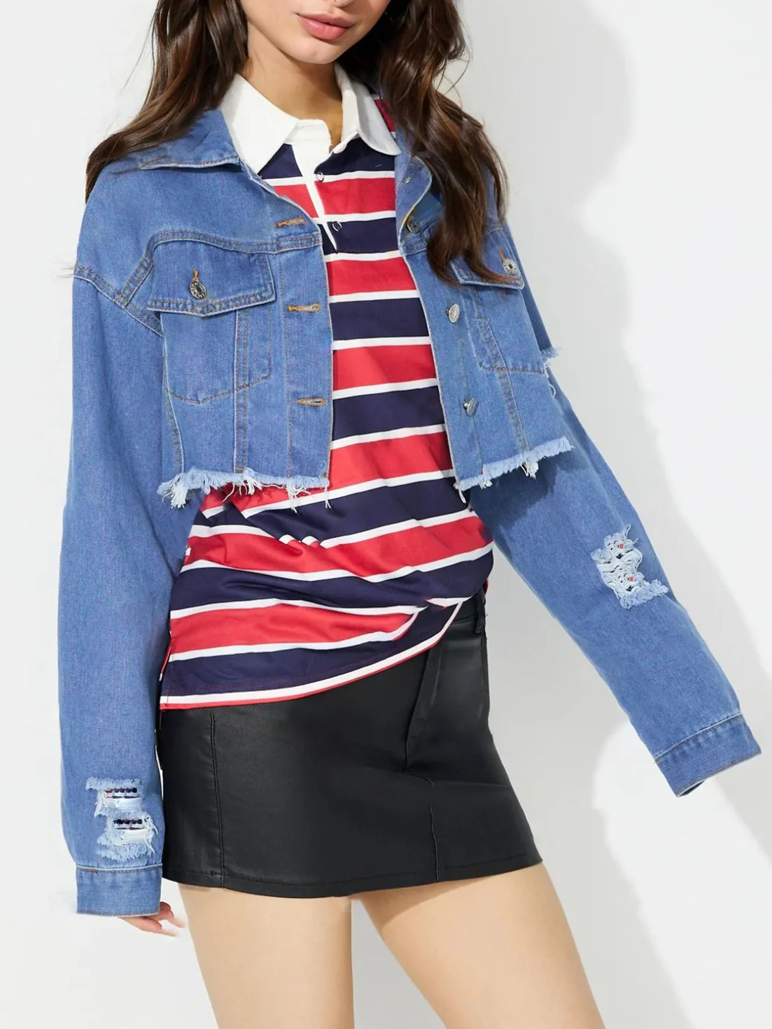 Raw Hem Collared Neck Cropped Denim Top - Image 3