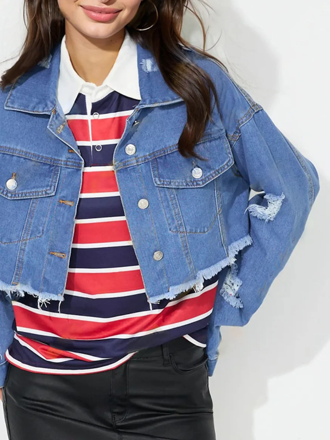 Raw Hem Collared Neck Cropped Denim Top - Image 4