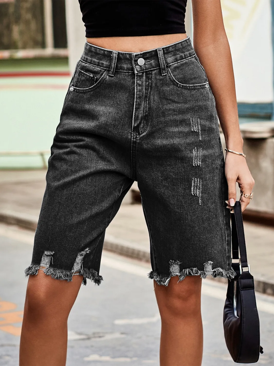 Raw Hem Denim Shorts - Image 6