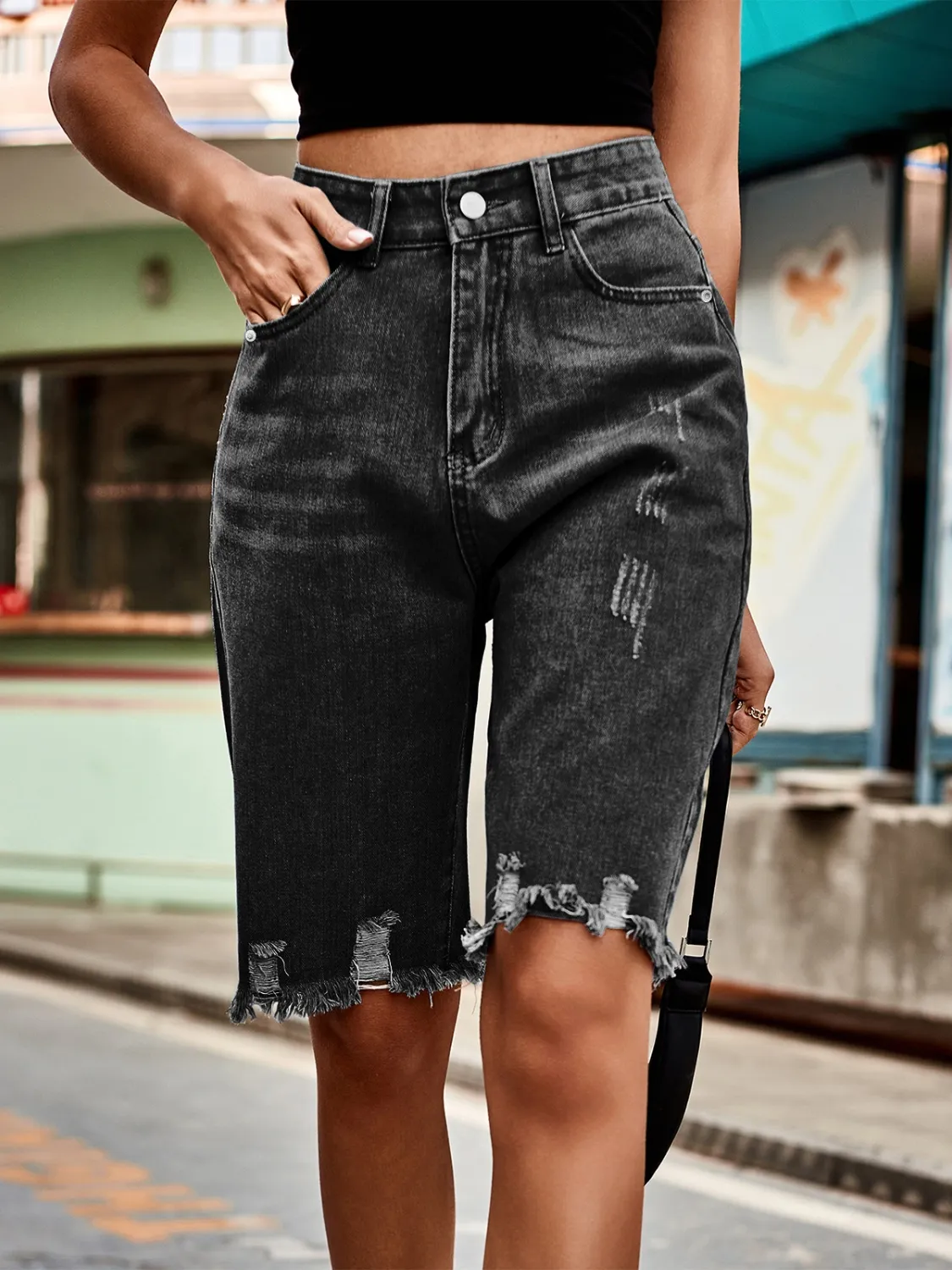 Raw Hem Denim Shorts - Image 8