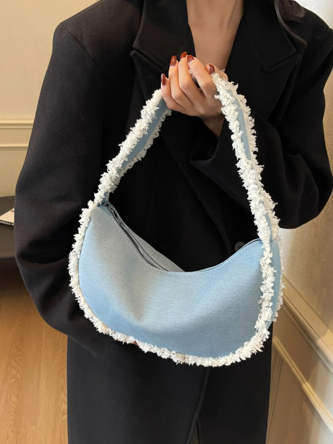 Raw Hem Denim Shoulder Bag - Image 4