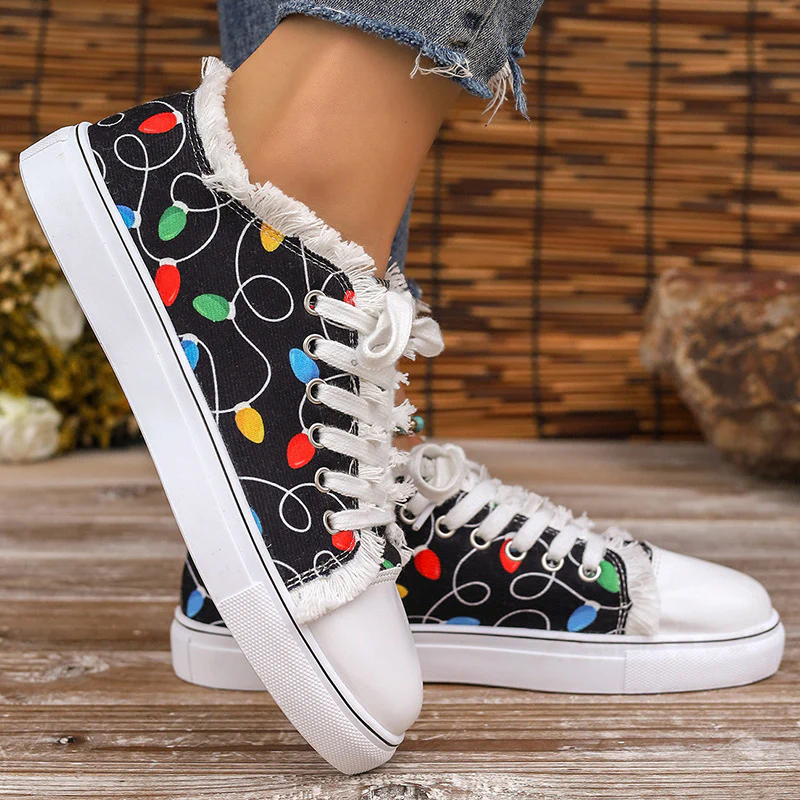 Raw Hem Printed Round Toe Sneakers - Image 2