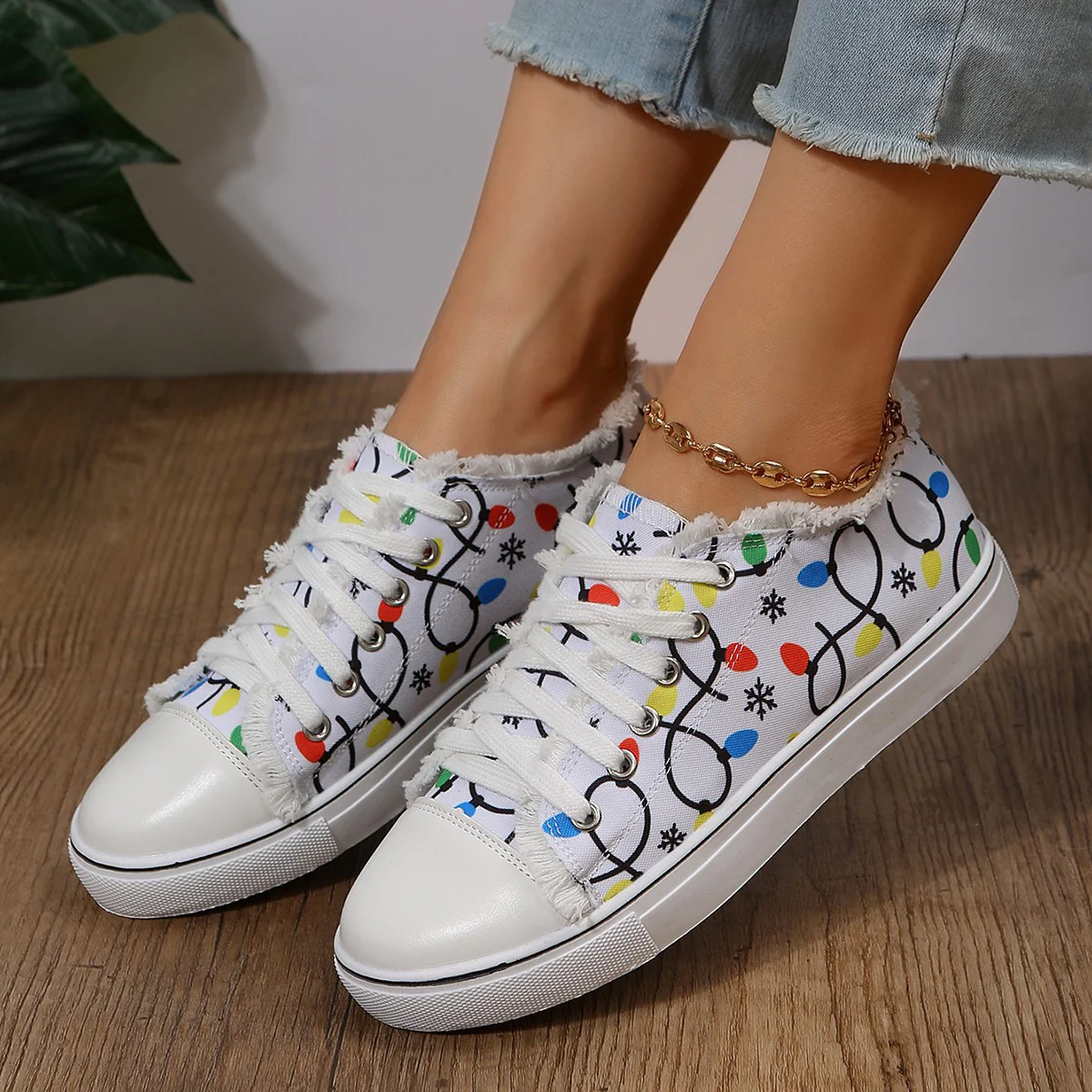 Raw Hem Printed Round Toe Sneakers - Image 3