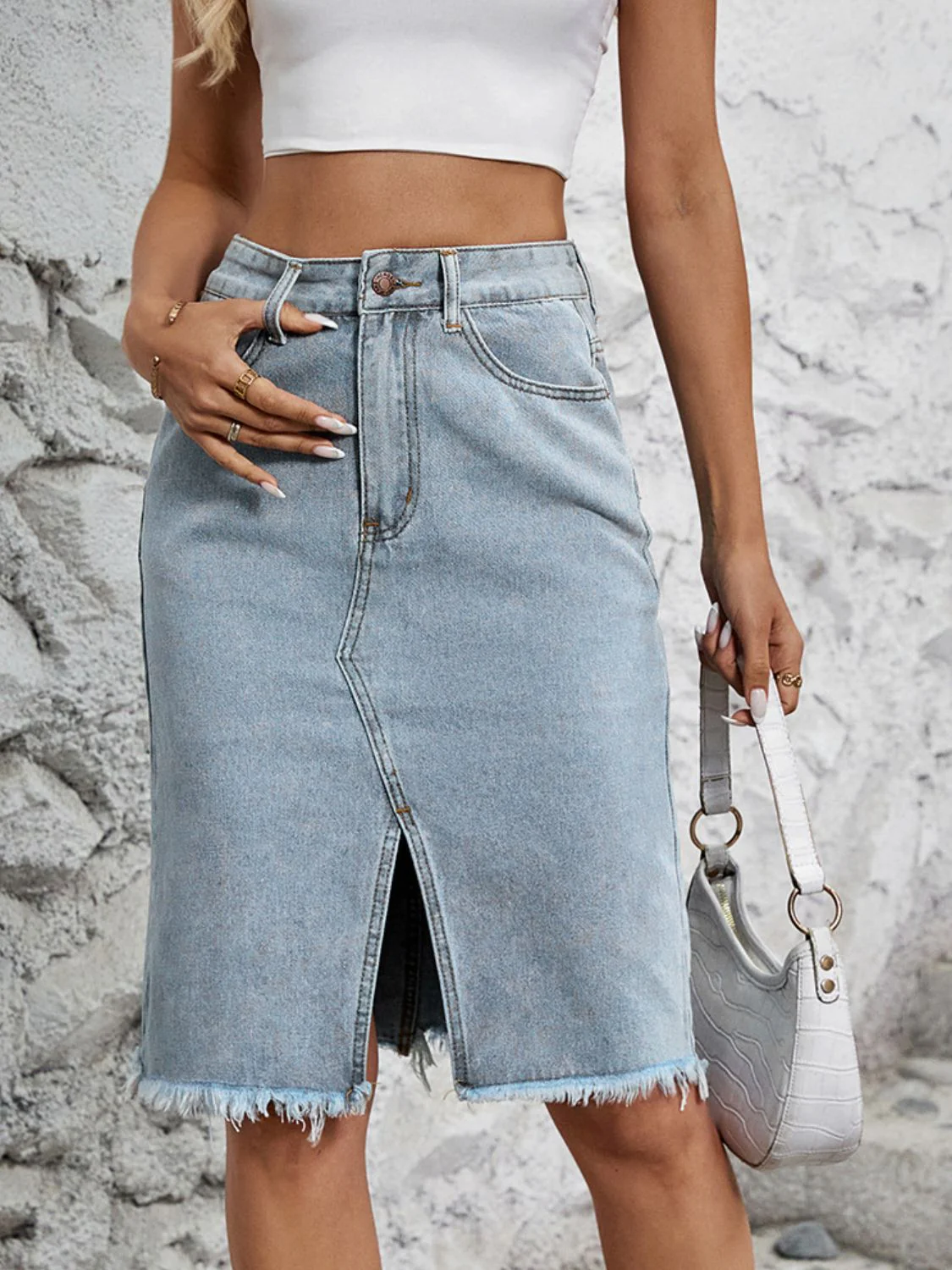 Raw Hem Slit Denim Skirt - Image 10